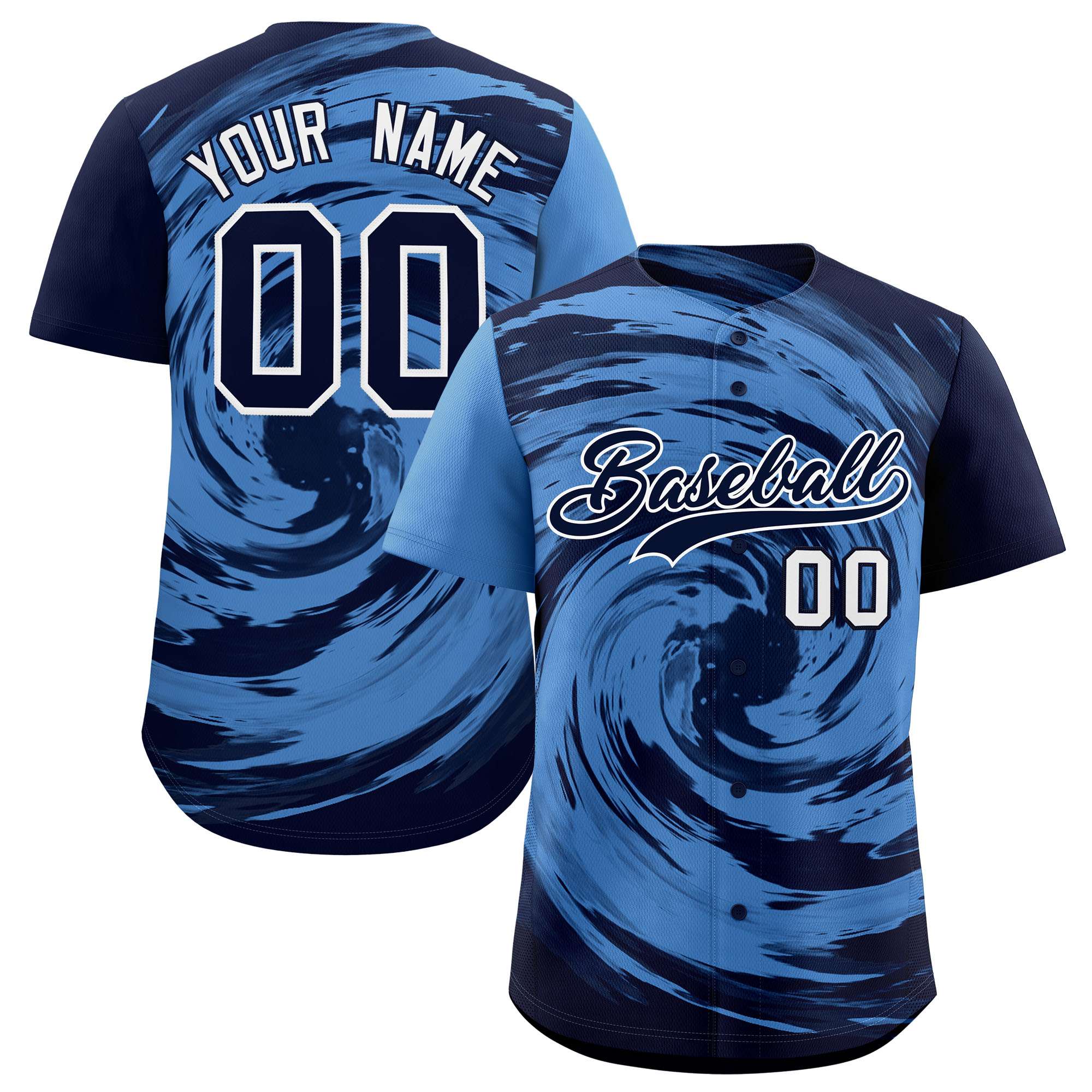 Custom Light Blue Navy Swirl Graffiti Pattern Authentic Baseball Jersey