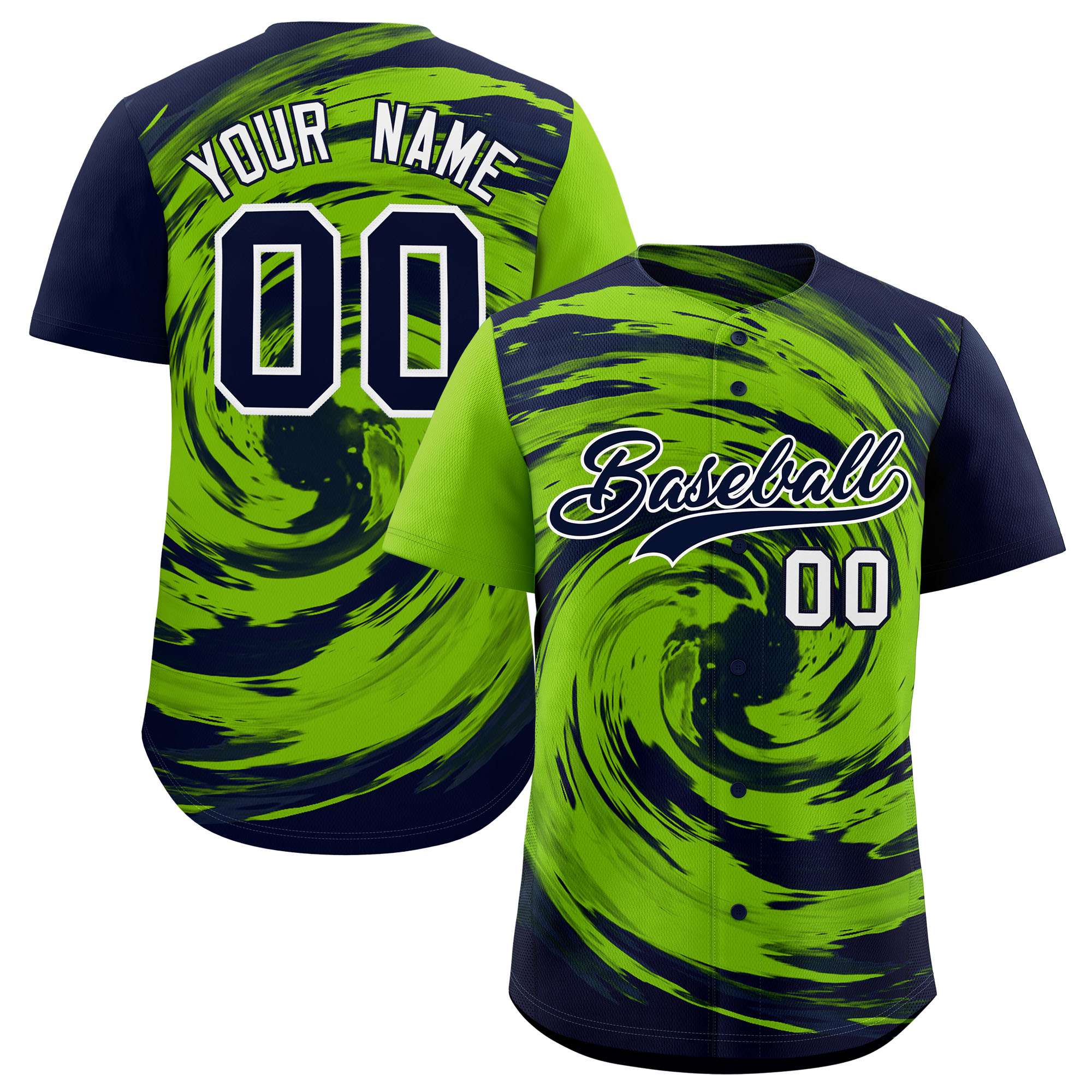 Custom Neon Green Navy Swirl Graffiti Pattern Authentic Baseball Jersey