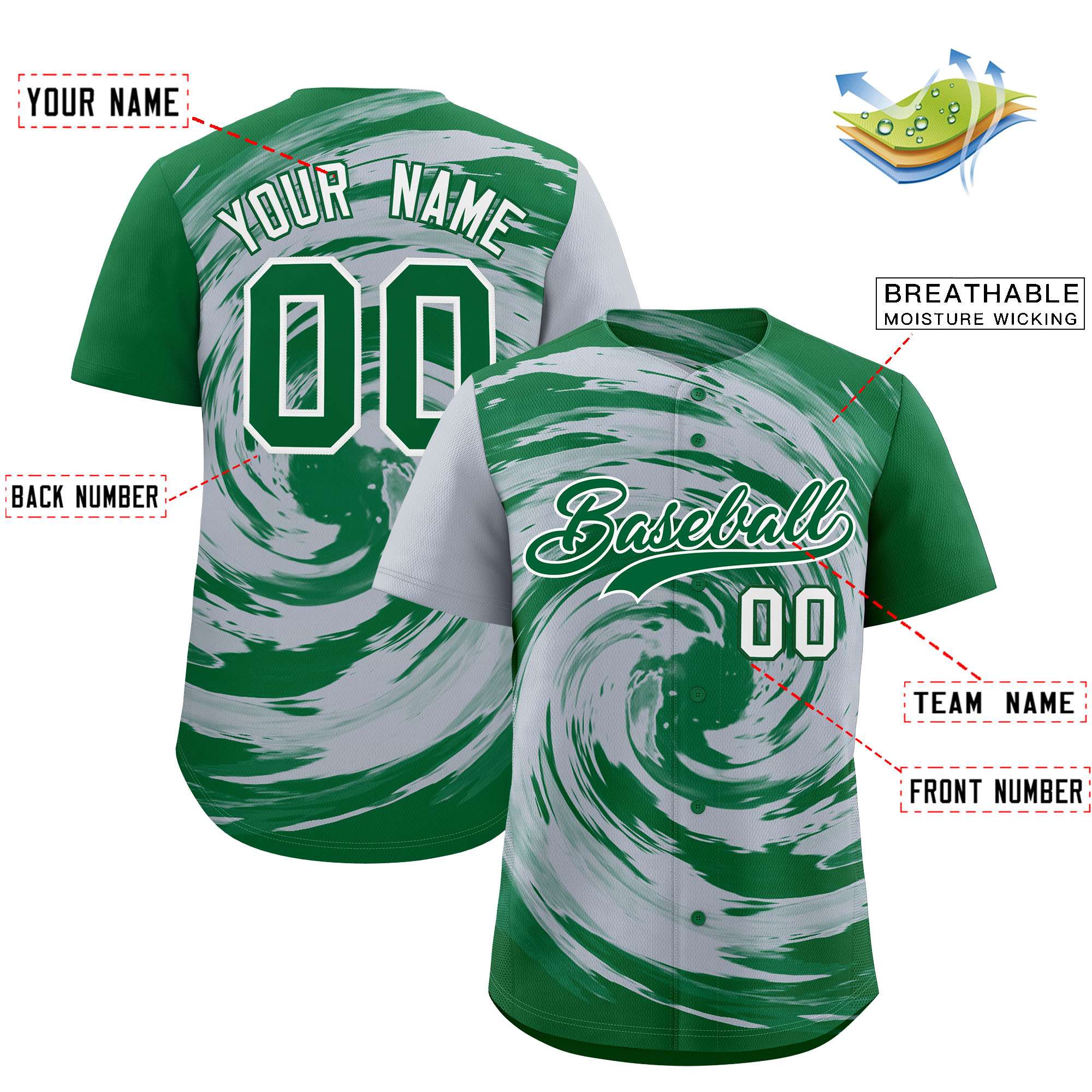 Custom Silver Kelly Green Swirl Graffiti Pattern Authentic Baseball Jersey