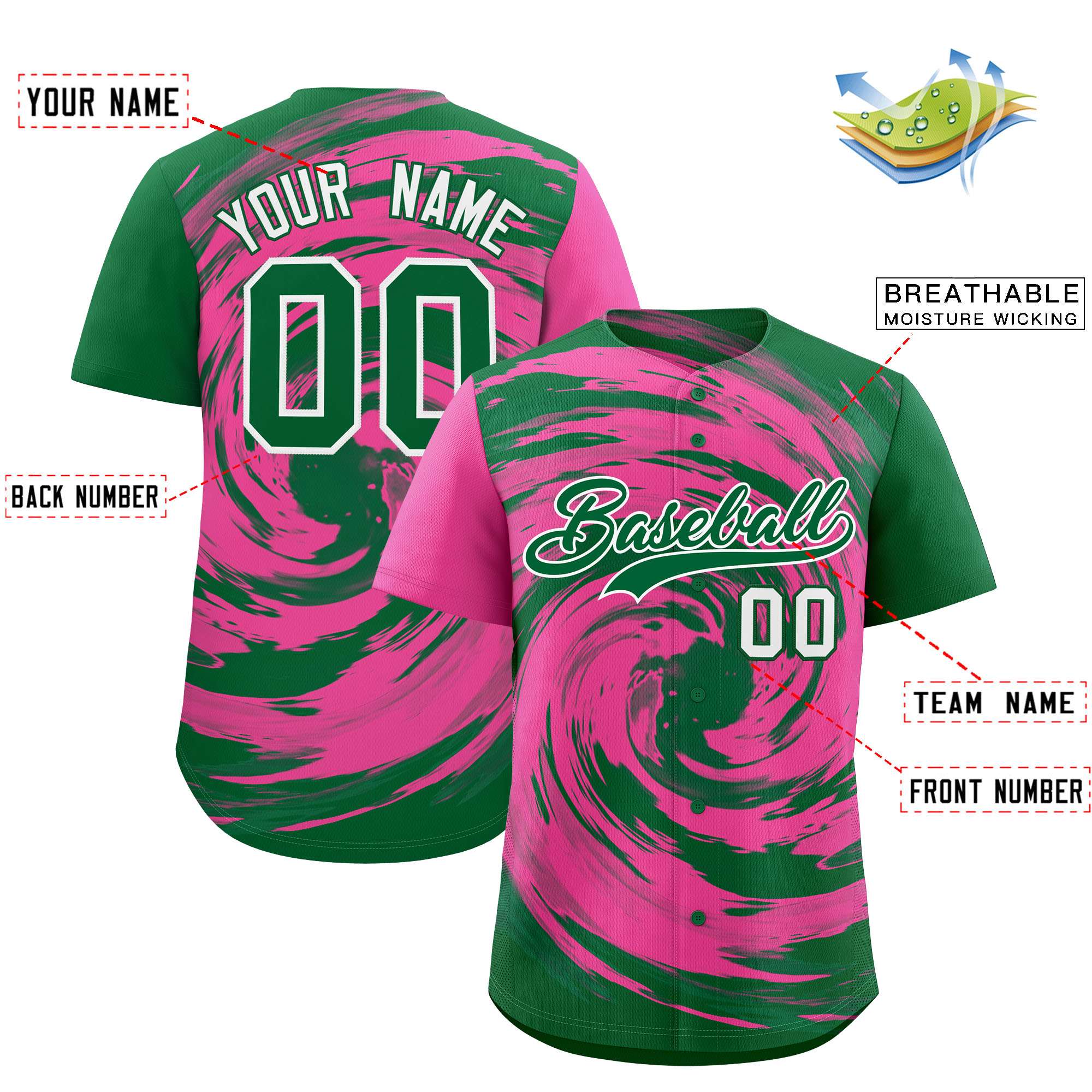 Custom Pink Kelly Green Swirl Graffiti Pattern Authentic Baseball Jersey