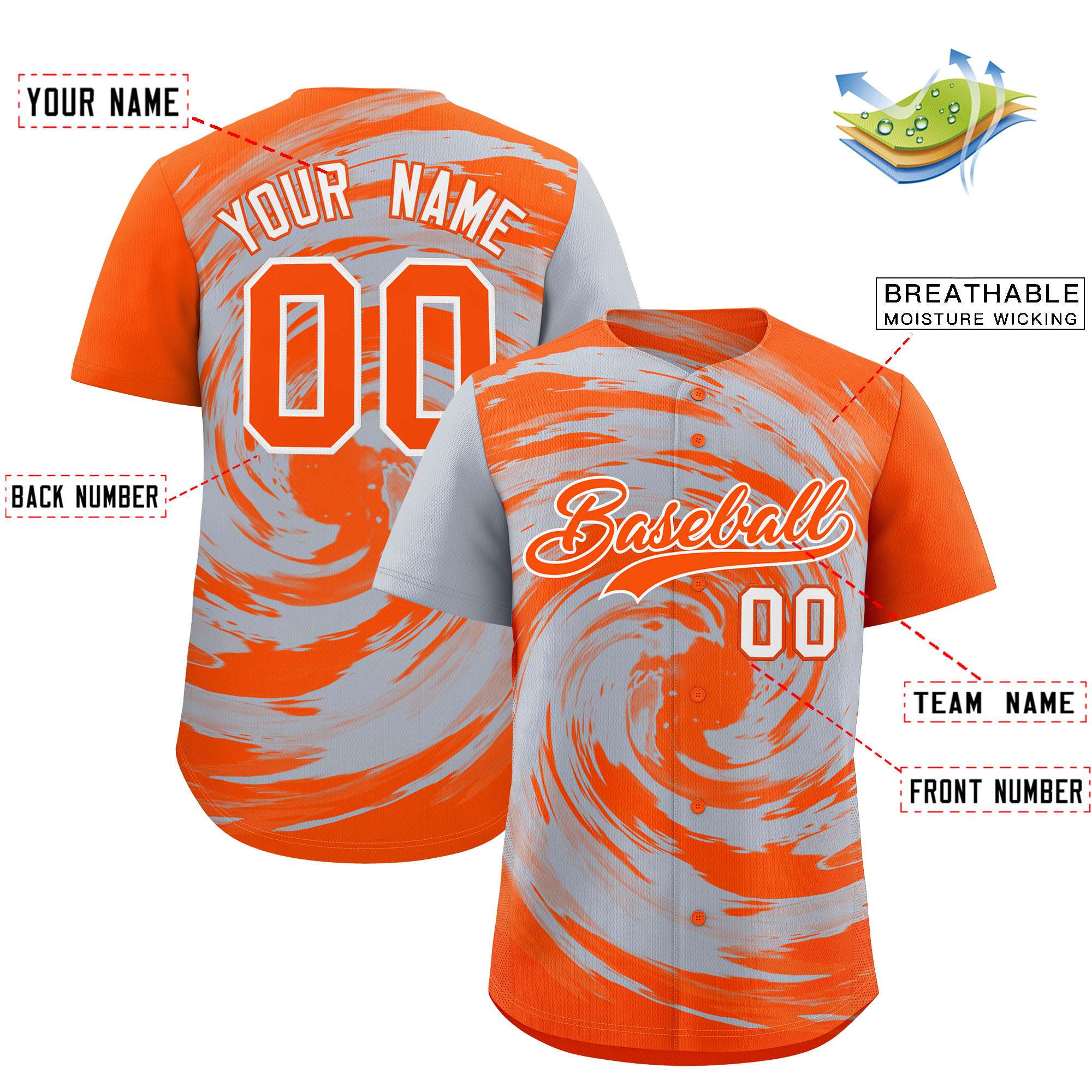 Custom Silver Orange Swirl Graffiti Pattern Authentic Baseball Jersey