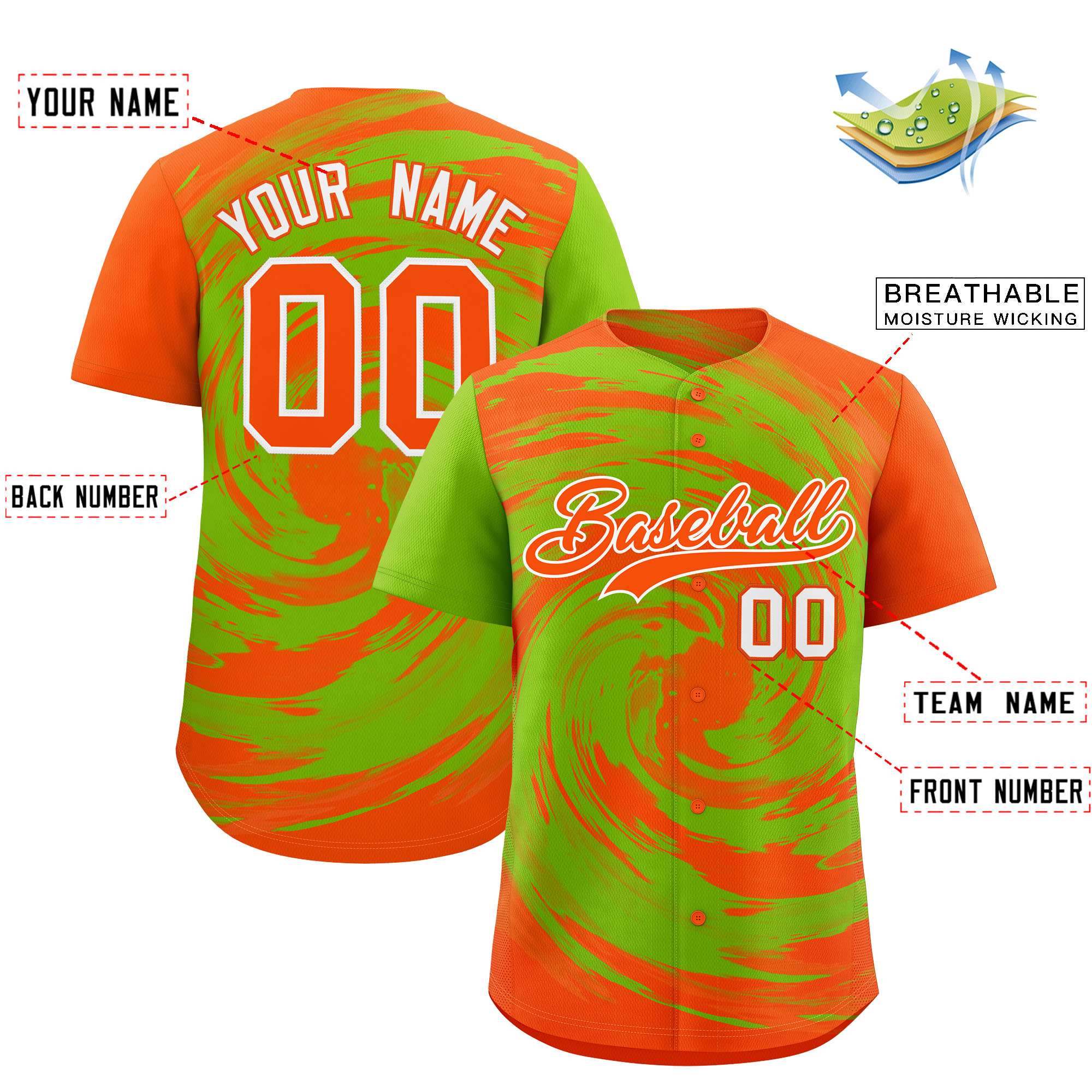 Custom Neon Green Orange Swirl Graffiti Pattern Authentic Baseball Jersey