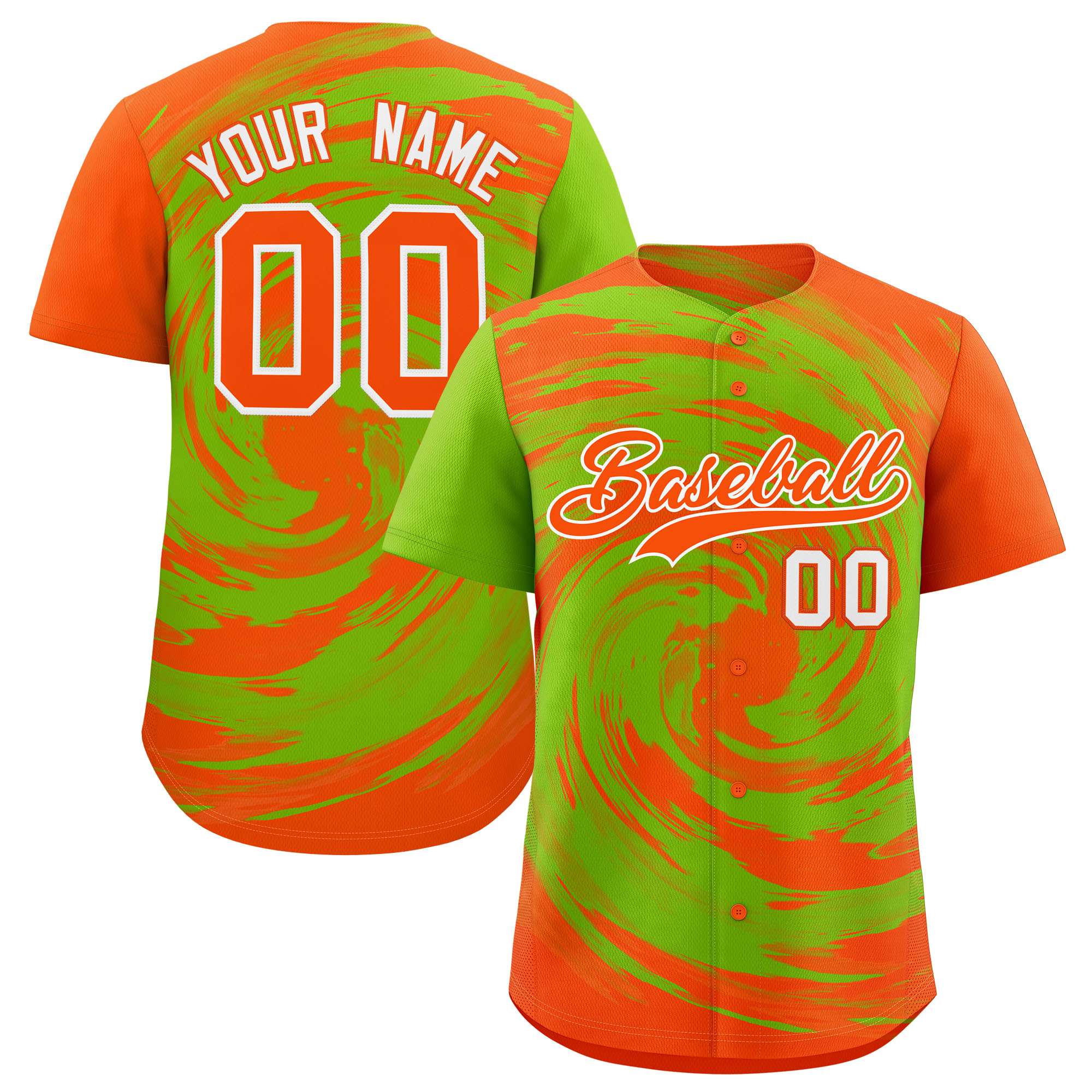 Custom Neon Green Orange Swirl Graffiti Pattern Authentic Baseball Jersey