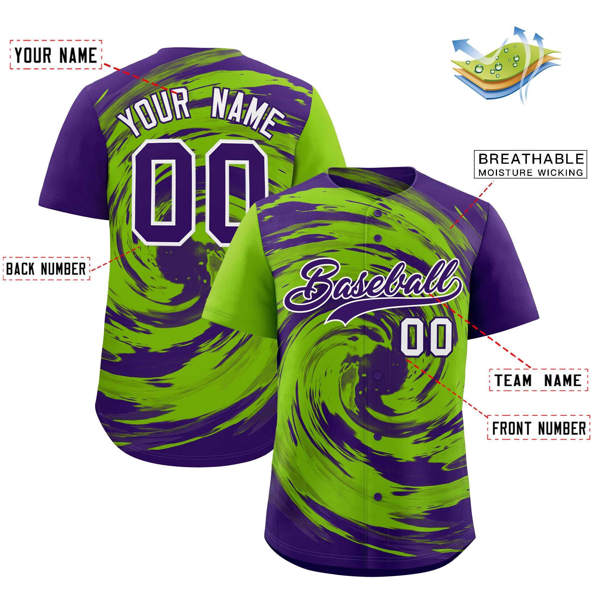 Custom Neon Green Purple Swirl Graffiti Pattern Authentic Baseball Jersey