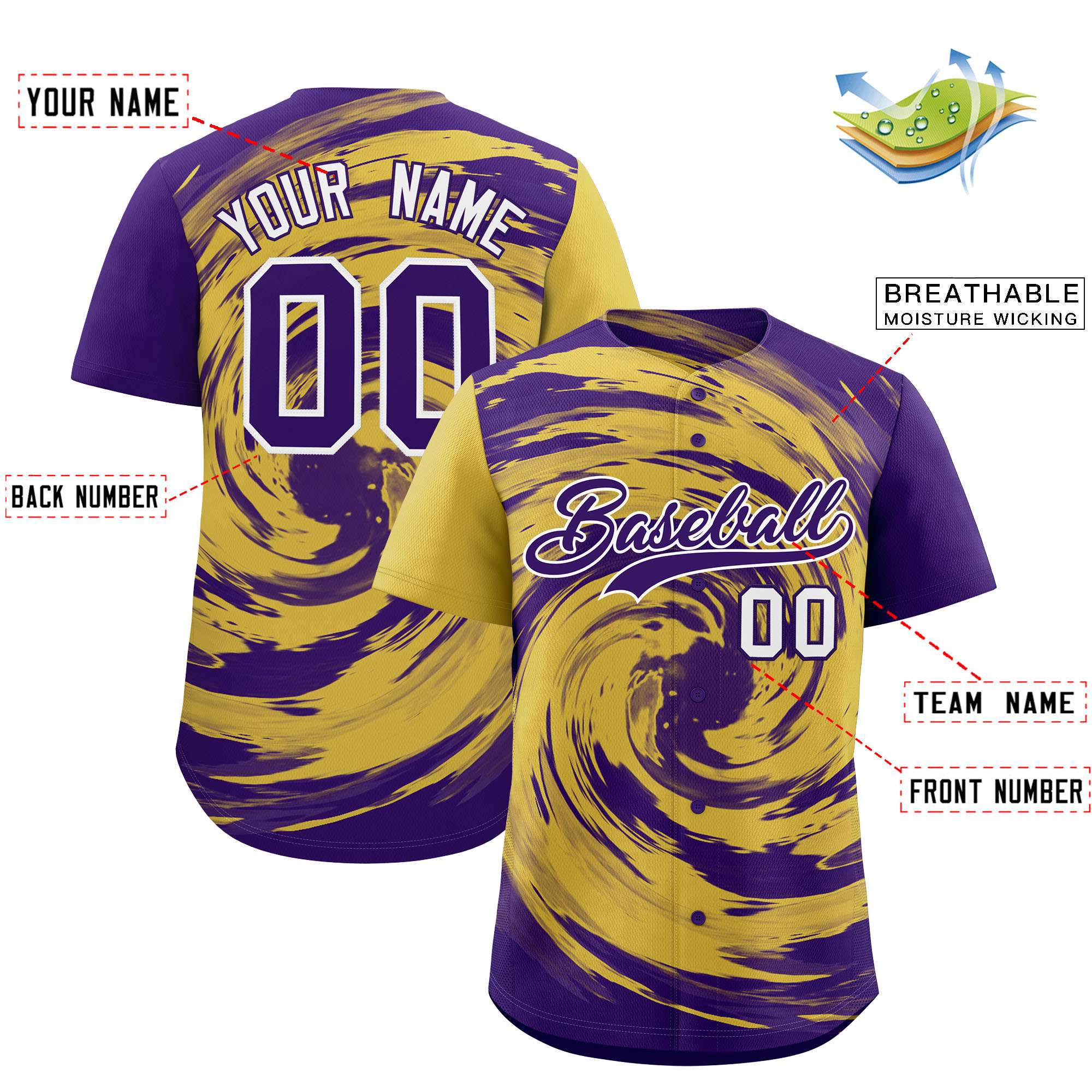 Custom Old Gold Purple Swirl Graffiti Pattern Authentic Baseball Jersey