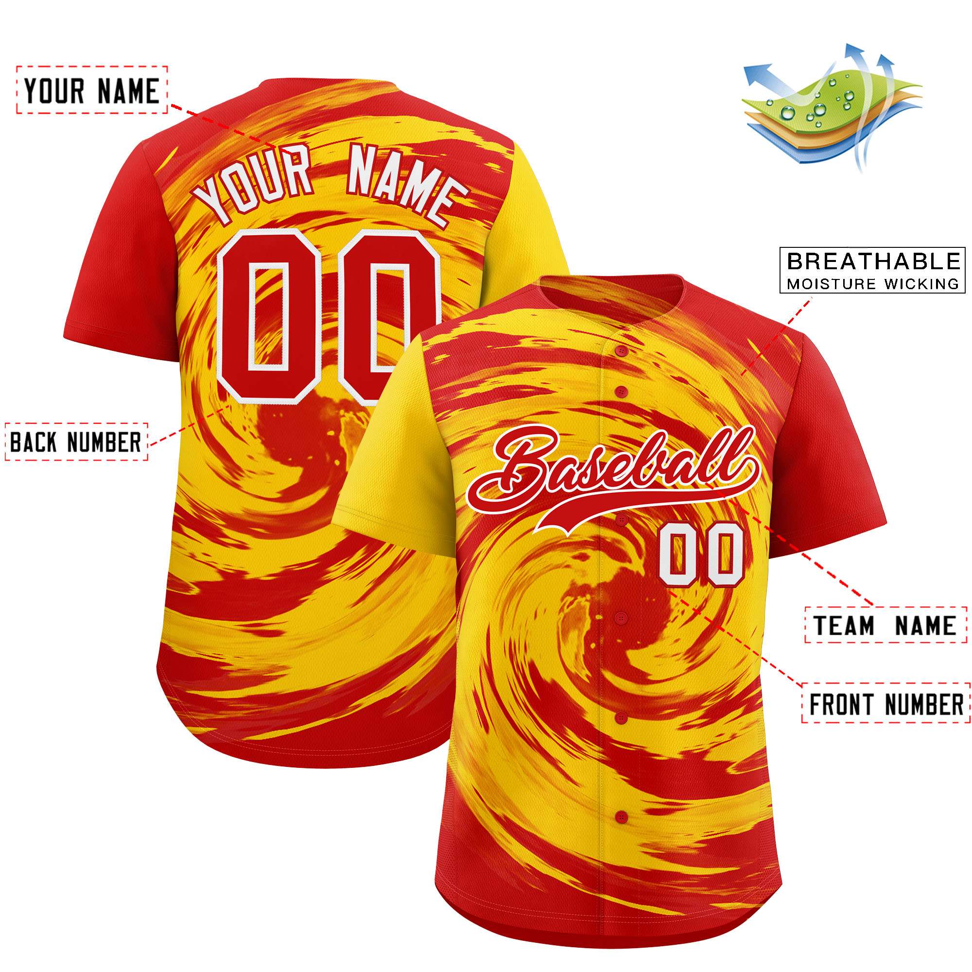 Custom Gold Red Swirl Graffiti Pattern Authentic Baseball Jersey