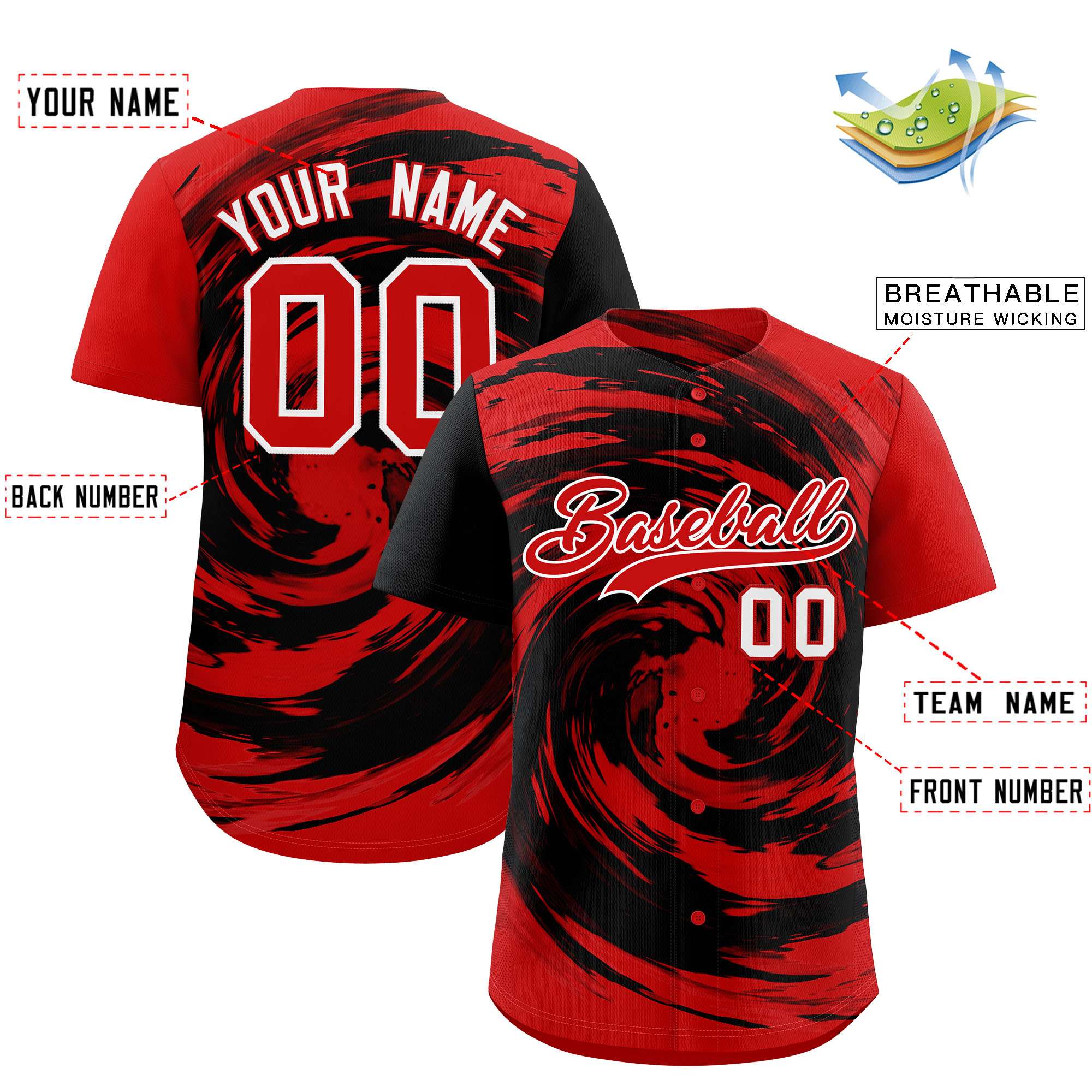 Custom Black Red Swirl Graffiti Pattern Authentic Baseball Jersey