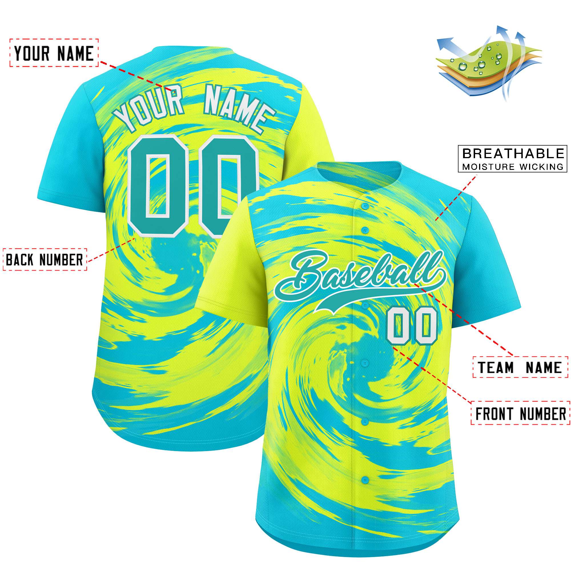 Custom Green Sky Blue Swirl Graffiti Pattern Authentic Baseball Jersey