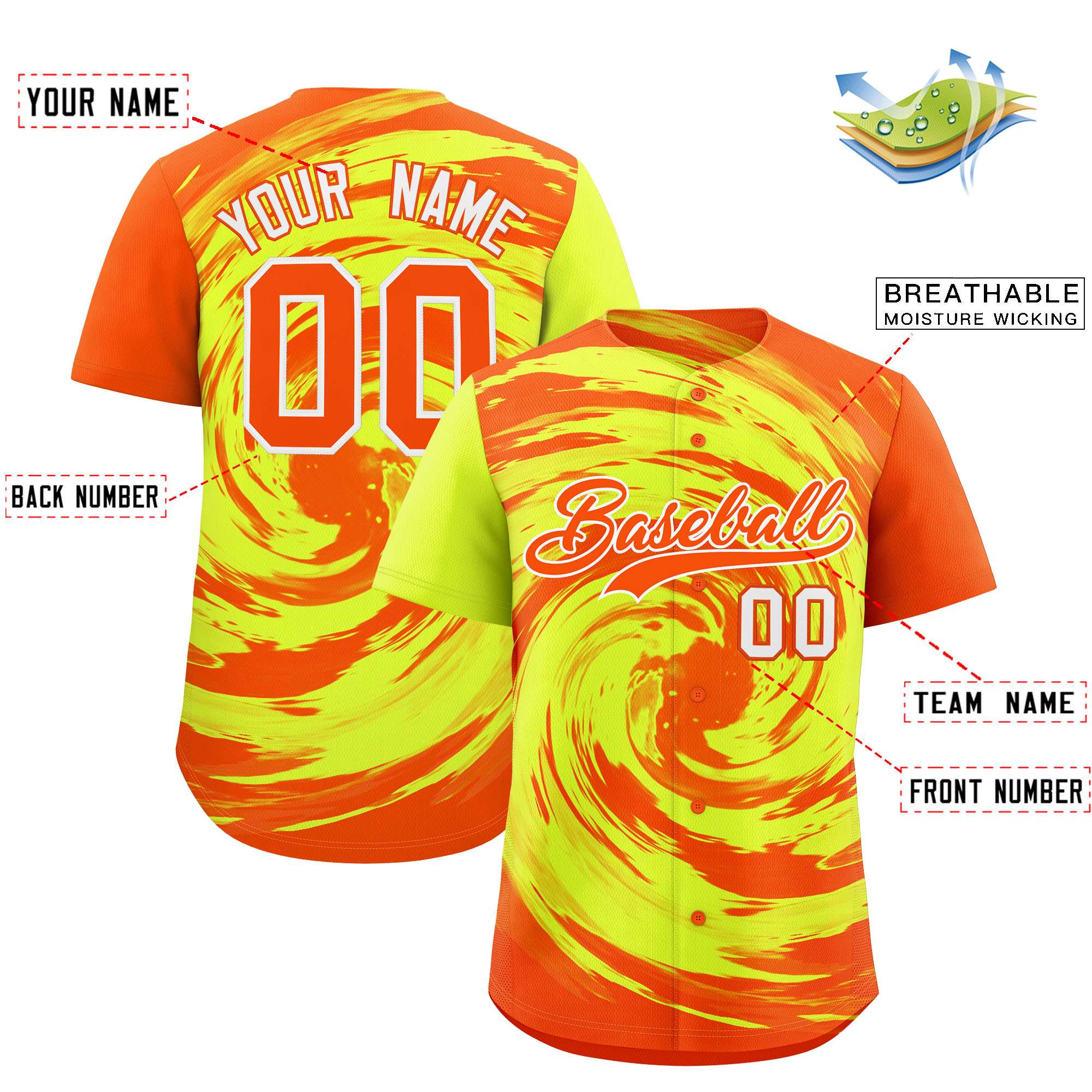 Custom Green Orange Swirl Graffiti Pattern Authentic Baseball Jersey