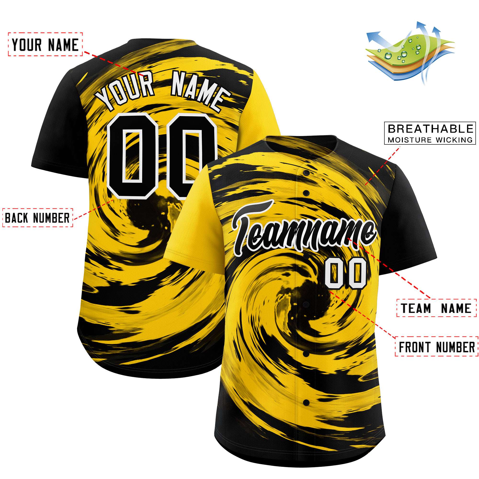 Custom Gold Black Swirl Graffiti Pattern Authentic Baseball Jersey