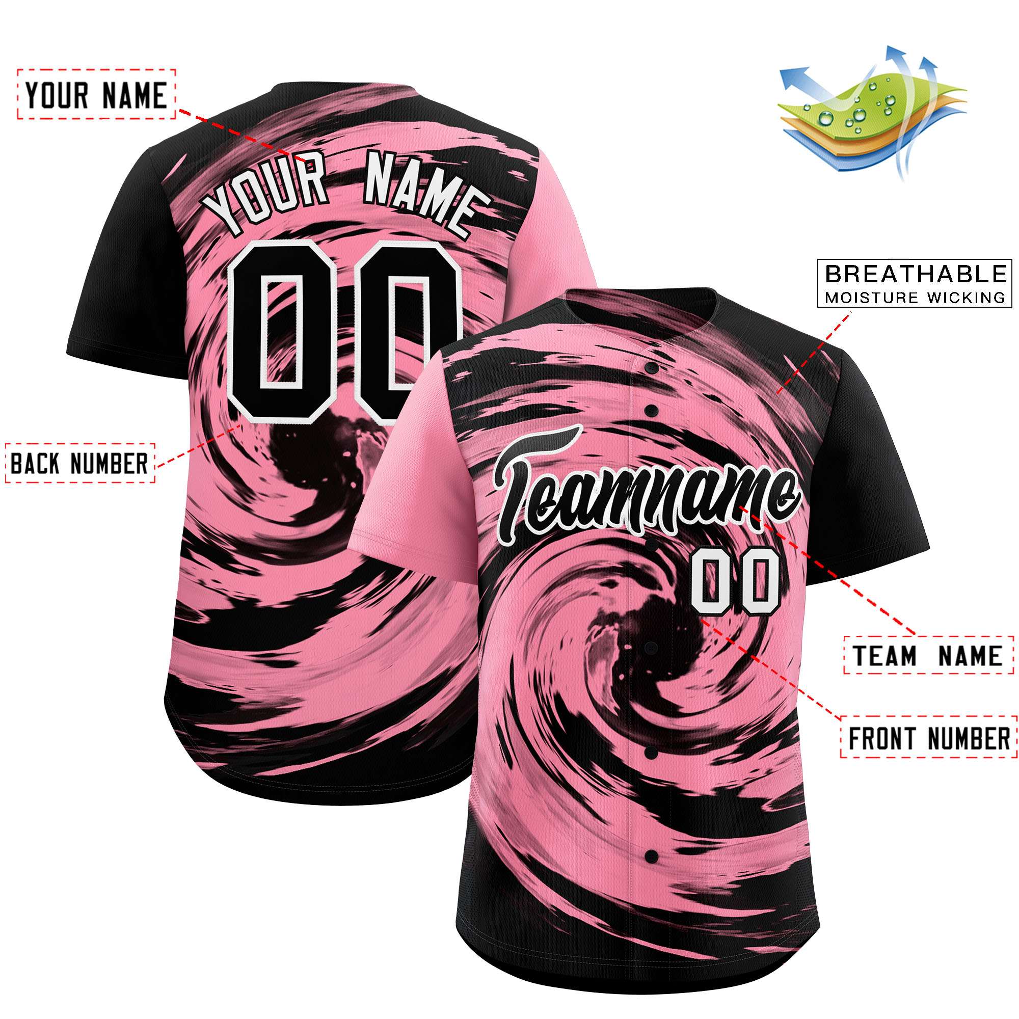 Custom Light Pink Black Swirl Graffiti Pattern Authentic Baseball Jersey