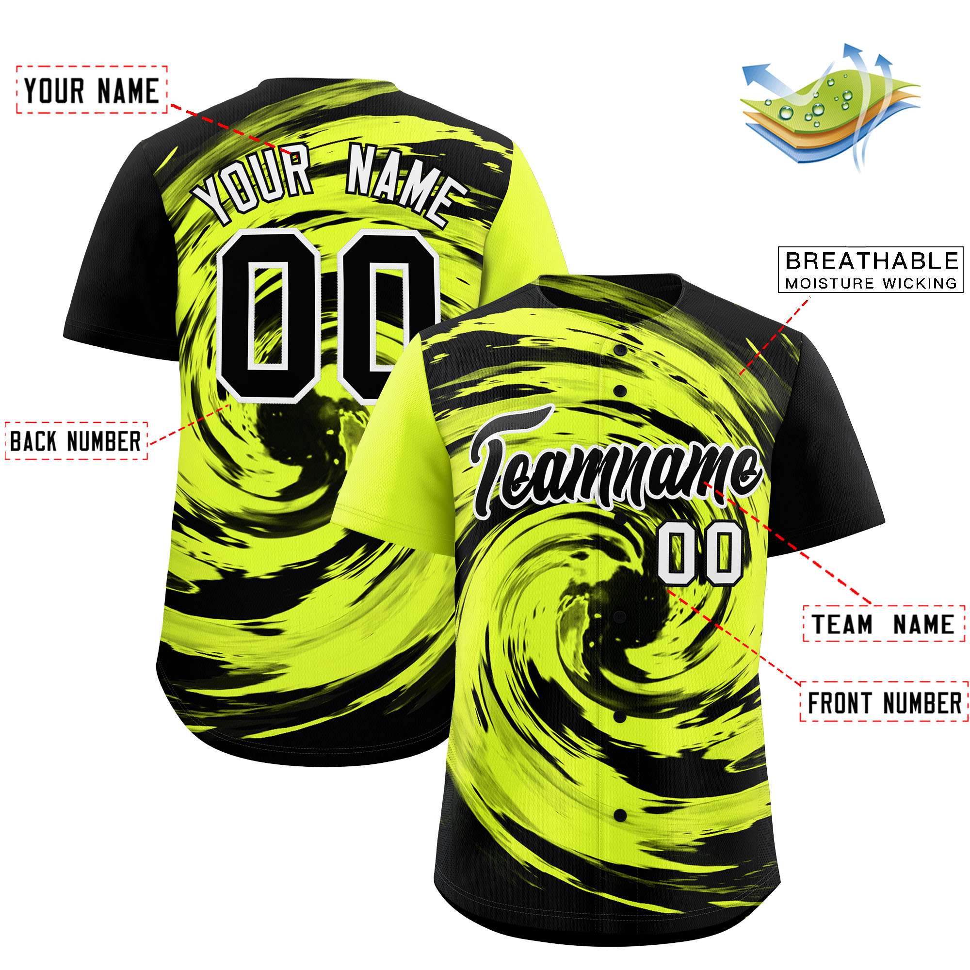 Custom Green Black Swirl Graffiti Pattern Authentic Baseball Jersey