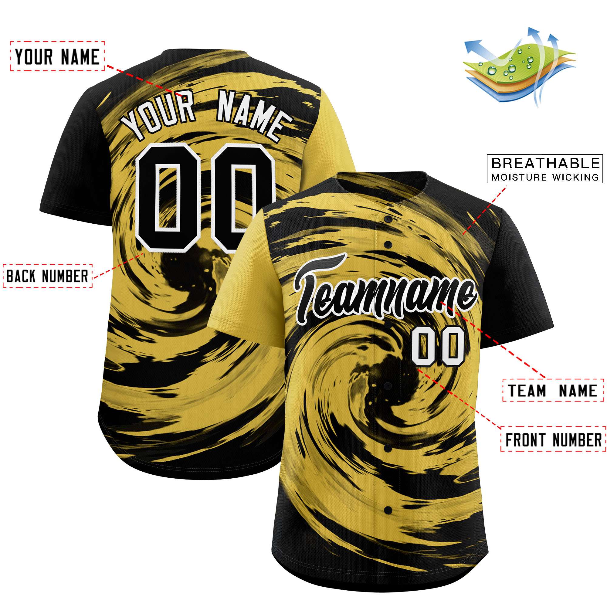 Custom Old Gold Black Swirl Graffiti Pattern Authentic Baseball Jersey