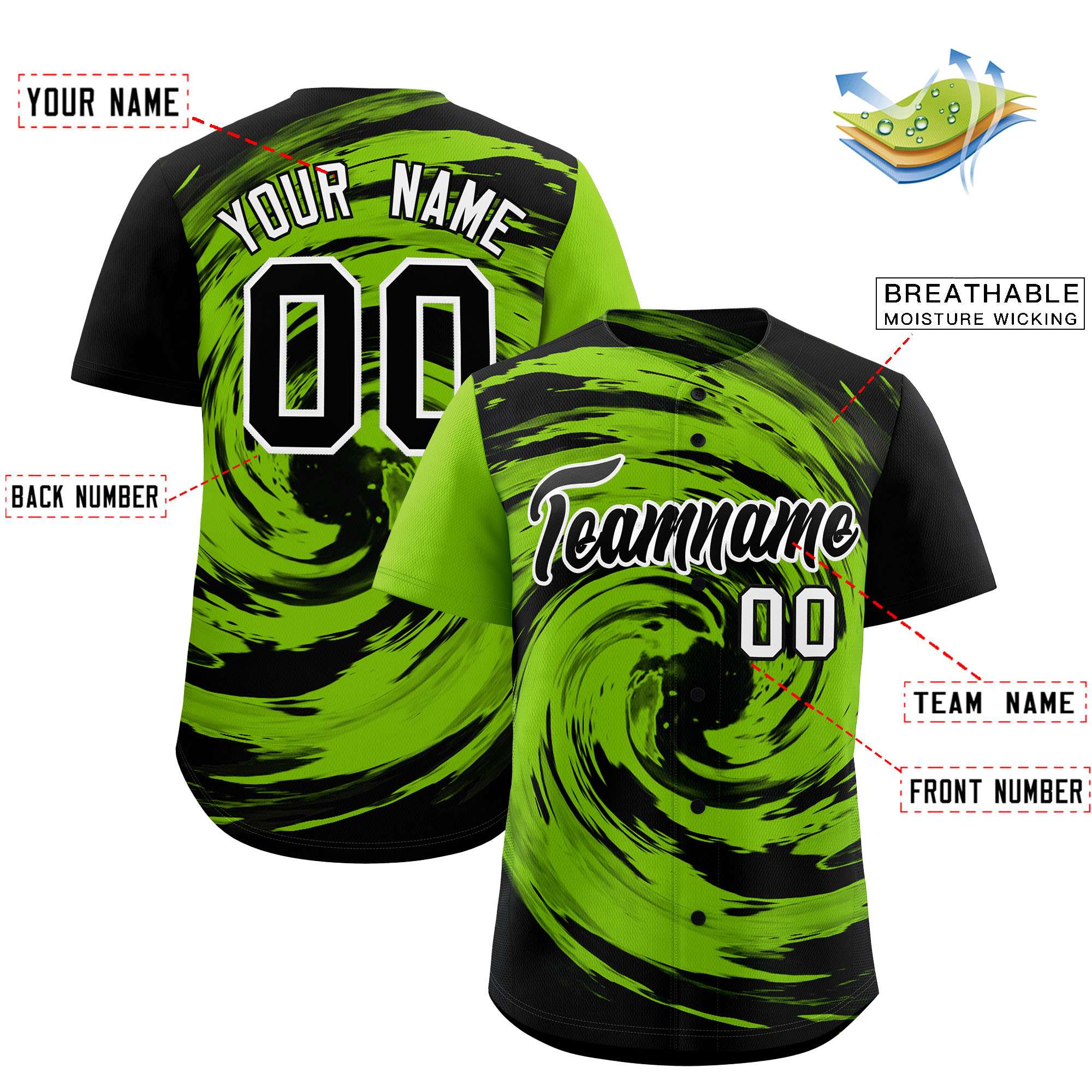 Custom Neon Green Black Swirl Graffiti Pattern Authentic Baseball Jersey