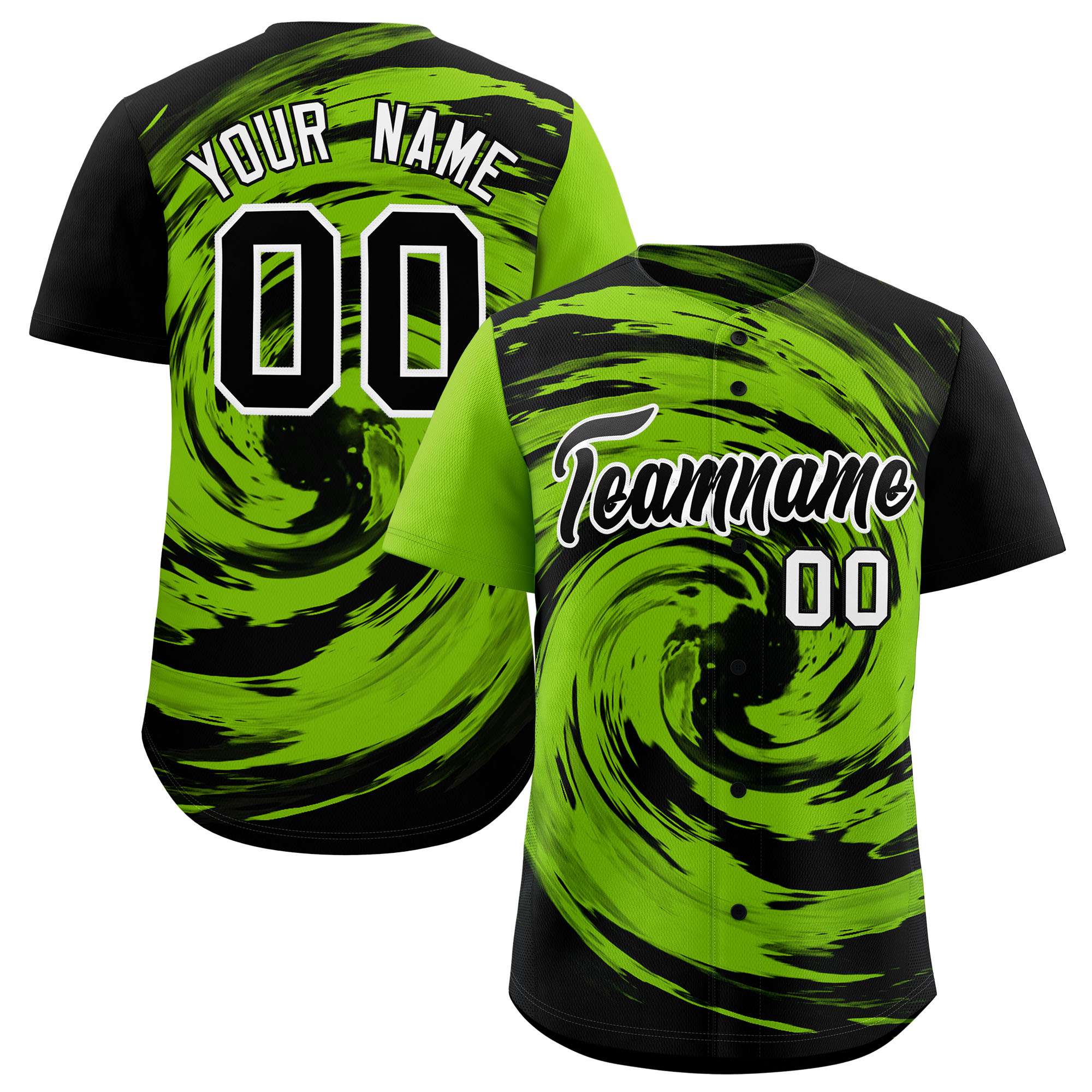 Custom Neon Green Black Swirl Graffiti Pattern Authentic Baseball Jersey