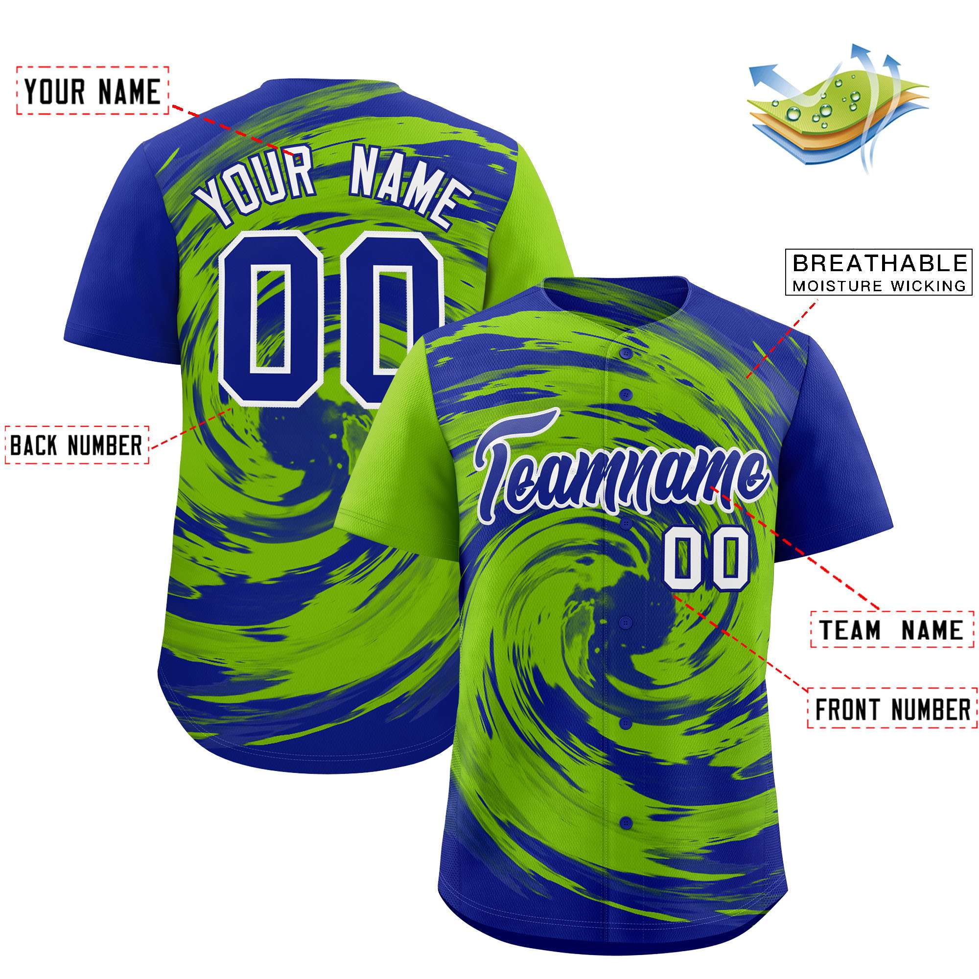 Custom Neon Green Royal Swirl Graffiti Pattern Authentic Baseball Jersey