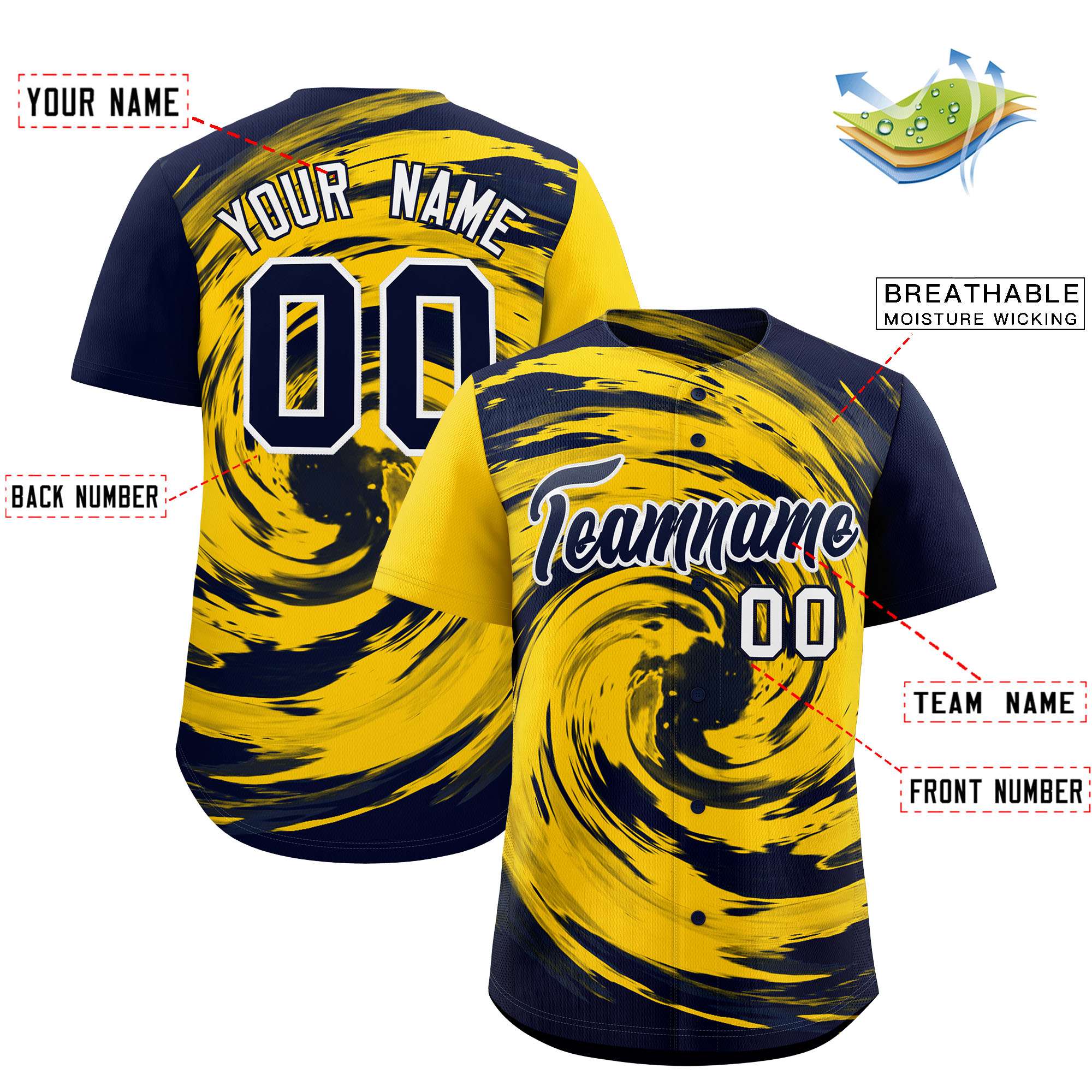 Custom Gold Navy Swirl Graffiti Pattern Authentic Baseball Jersey