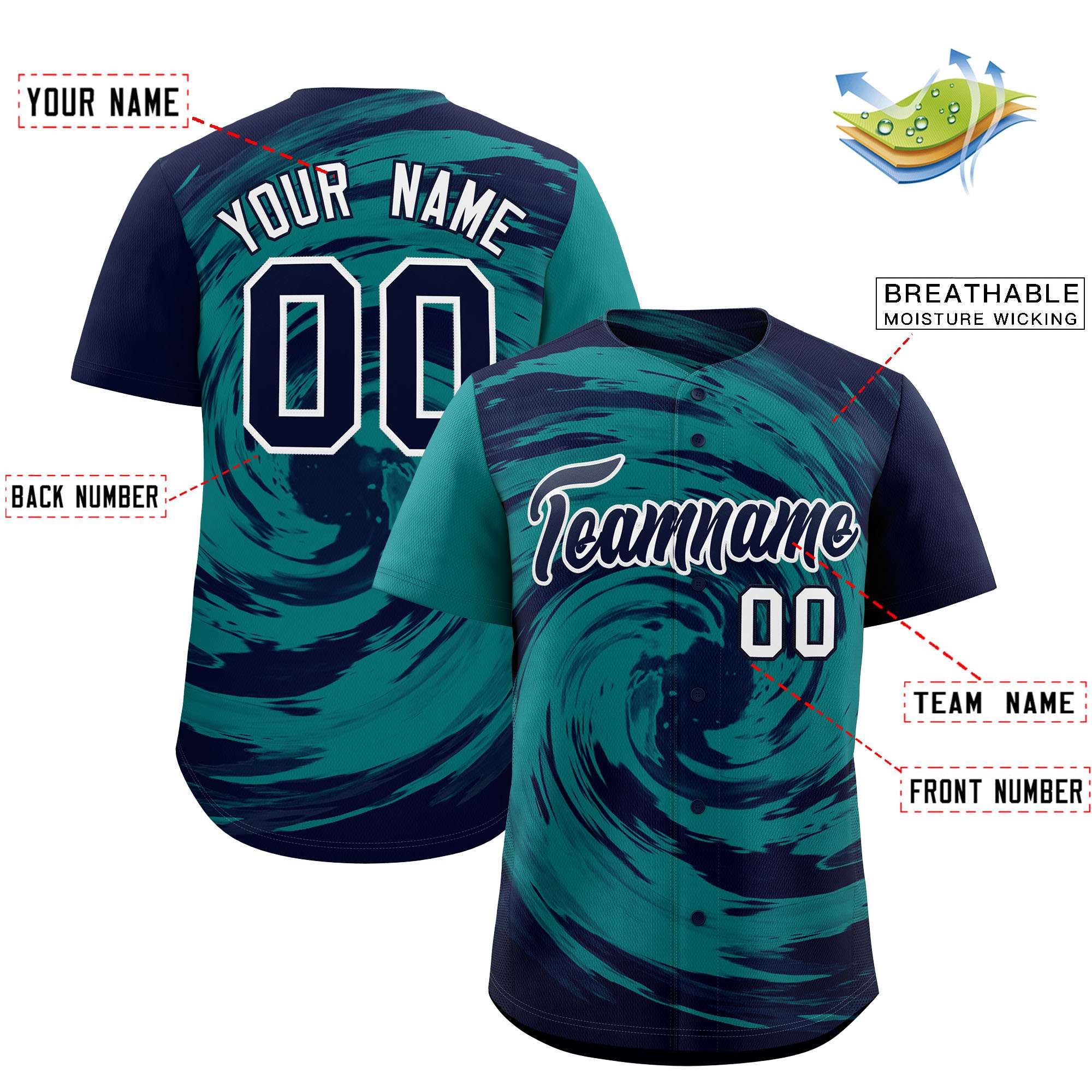 Custom Aqua Navy Swirl Graffiti Pattern Authentic Baseball Jersey