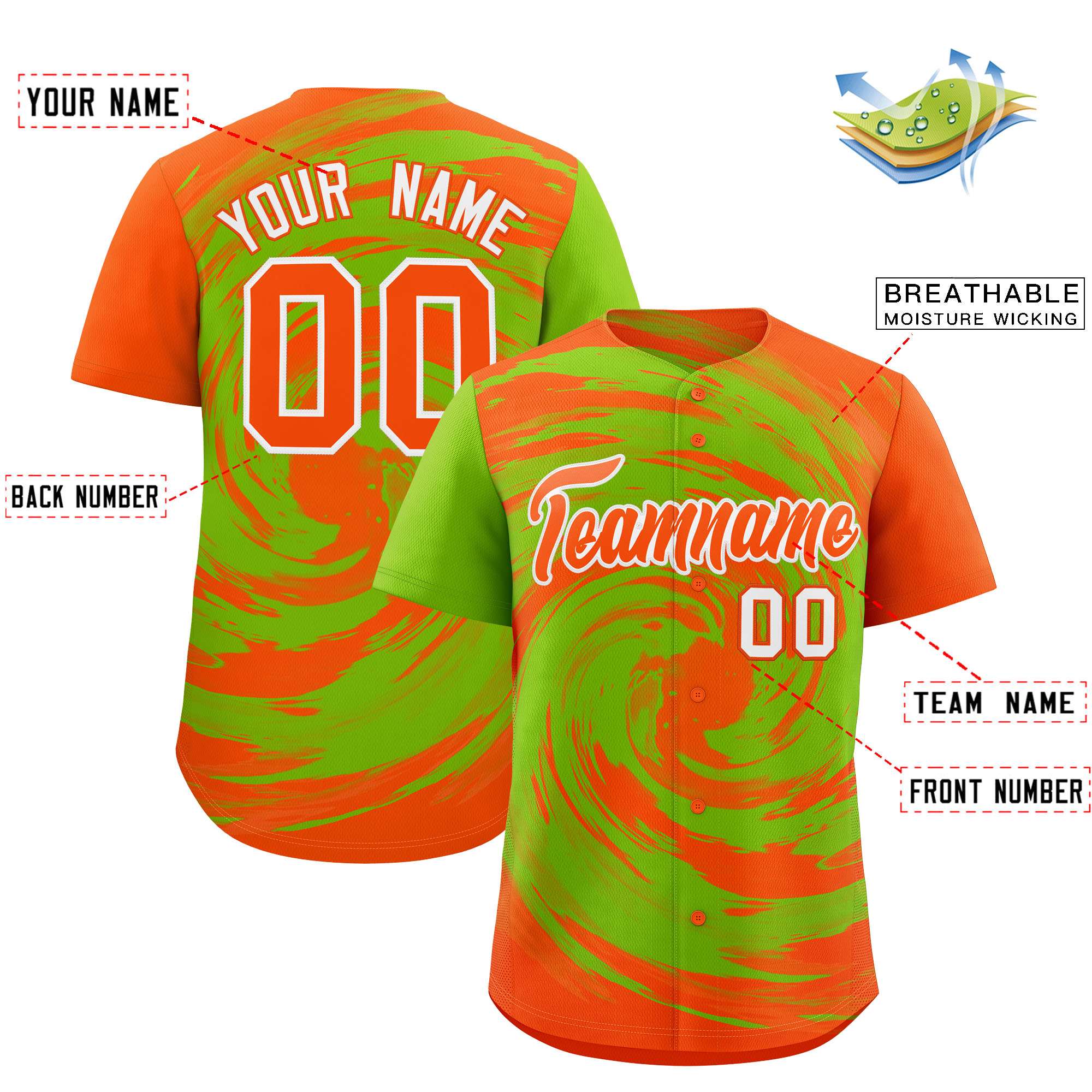 Custom Neon Green Orange Swirl Graffiti Pattern Authentic Baseball Jersey