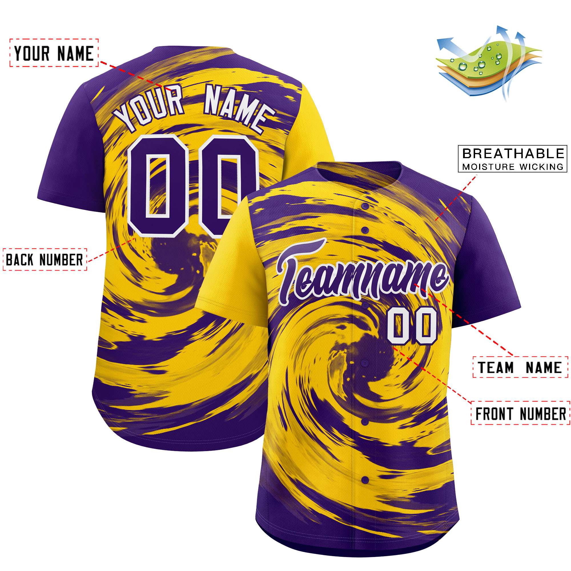 Custom Gold Purple Swirl Graffiti Pattern Authentic Baseball Jersey