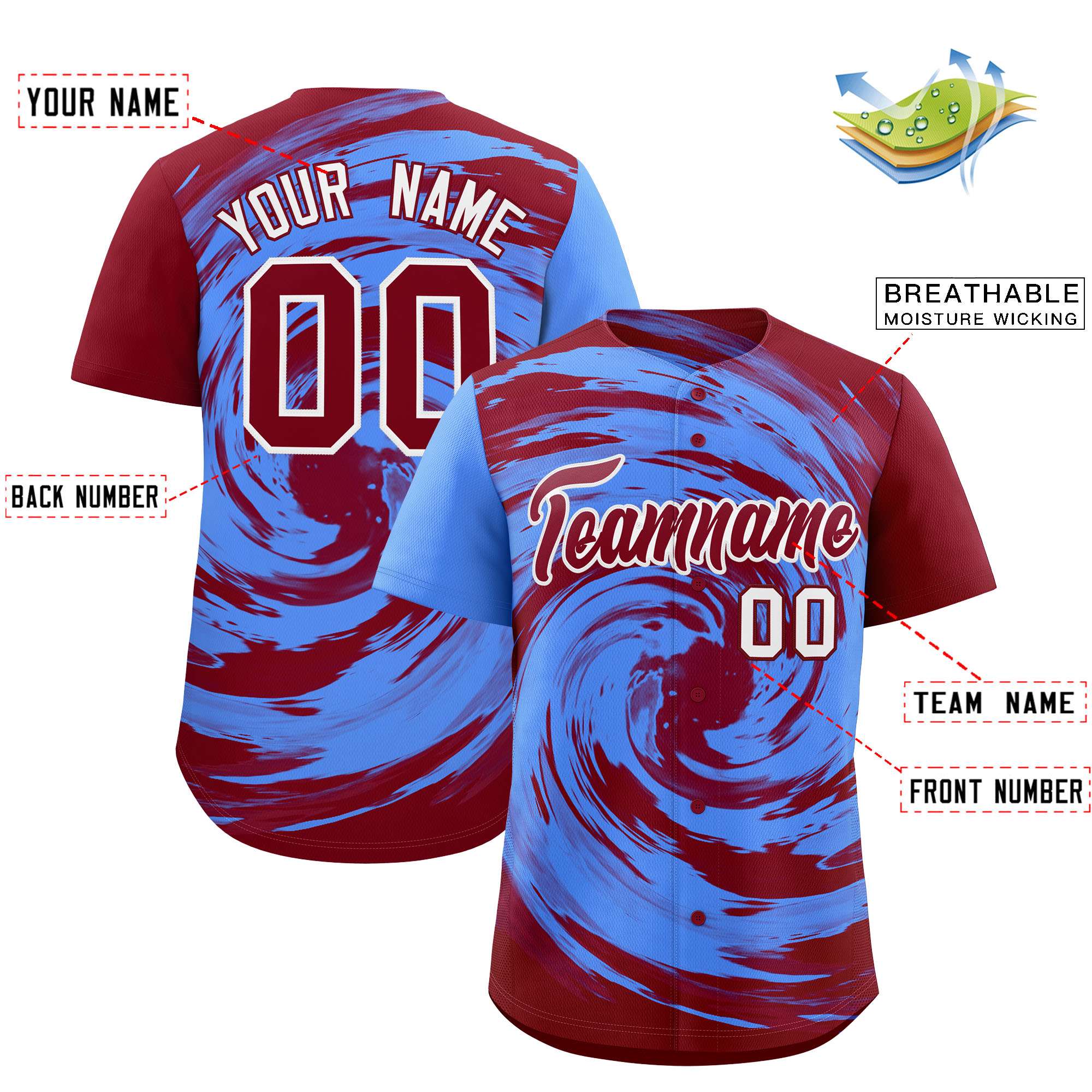 Custom Powder Blue Crimson Swirl Graffiti Pattern Authentic Baseball Jersey