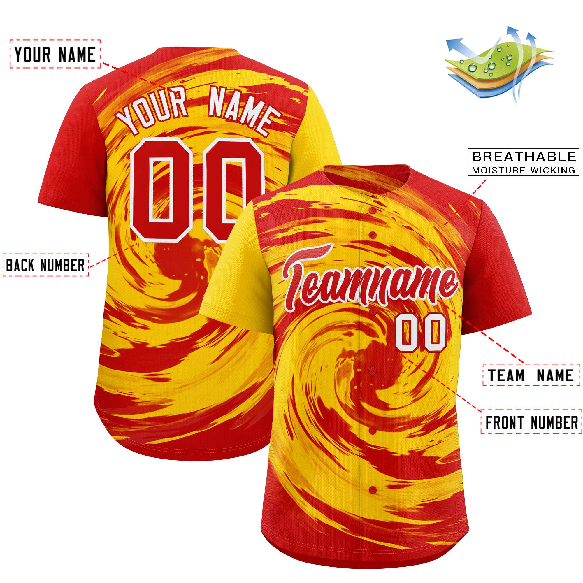 Custom Gold Red Swirl Graffiti Pattern Authentic Baseball Jersey