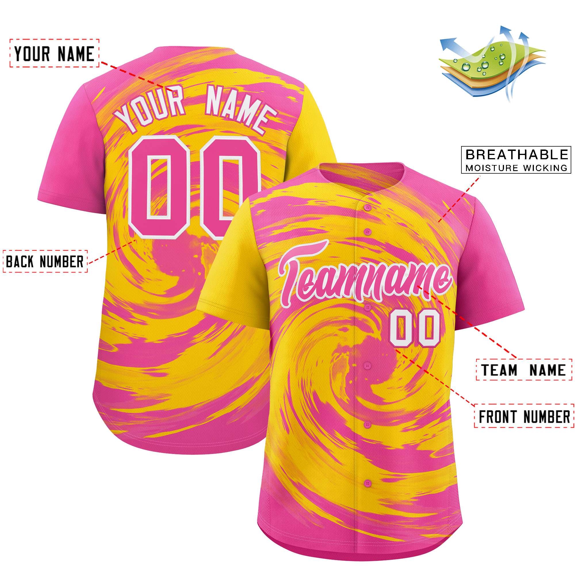 Custom Gold Pink Swirl Graffiti Pattern Authentic Baseball Jersey