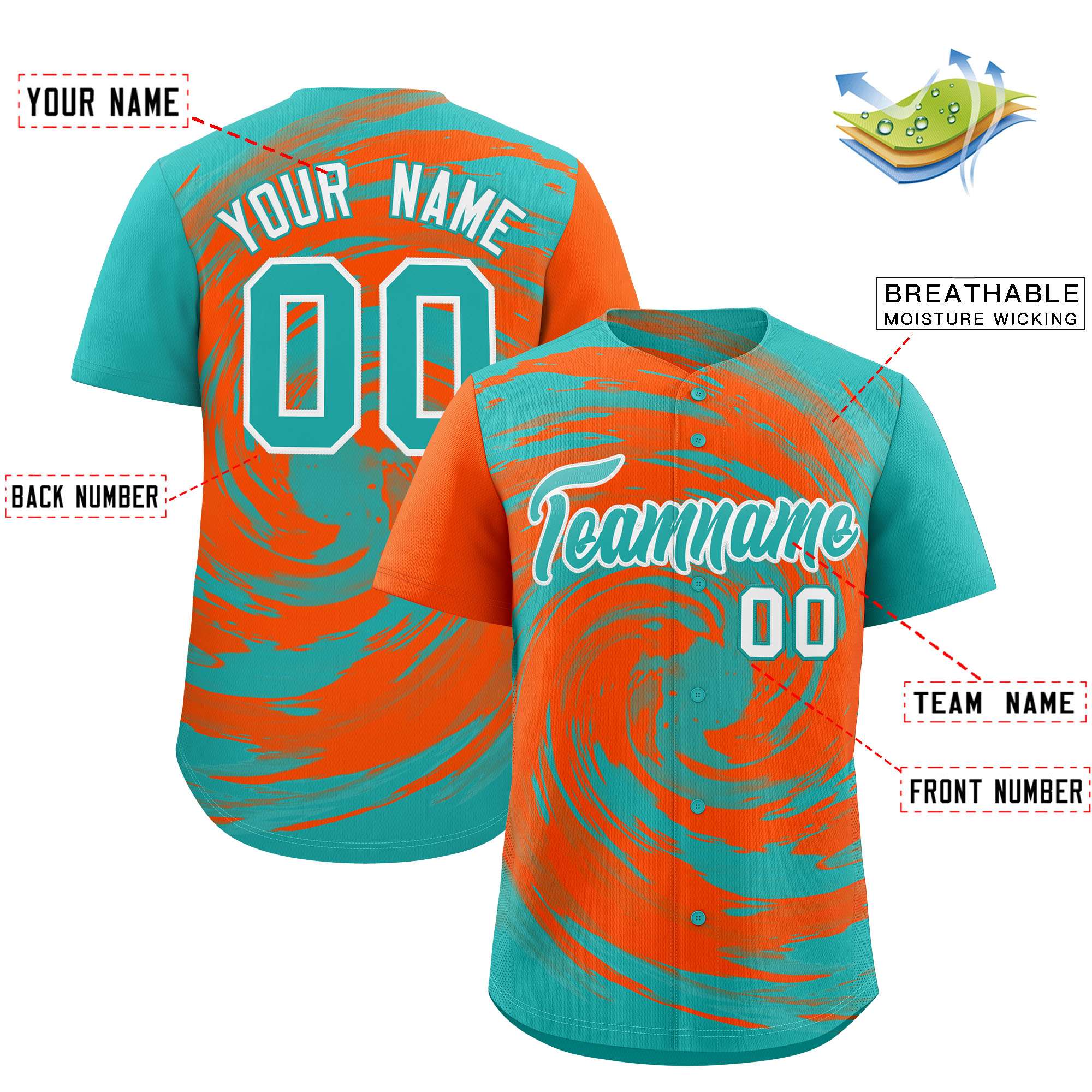 Custom Orange Aqua Swirl Graffiti Pattern Authentic Baseball Jersey