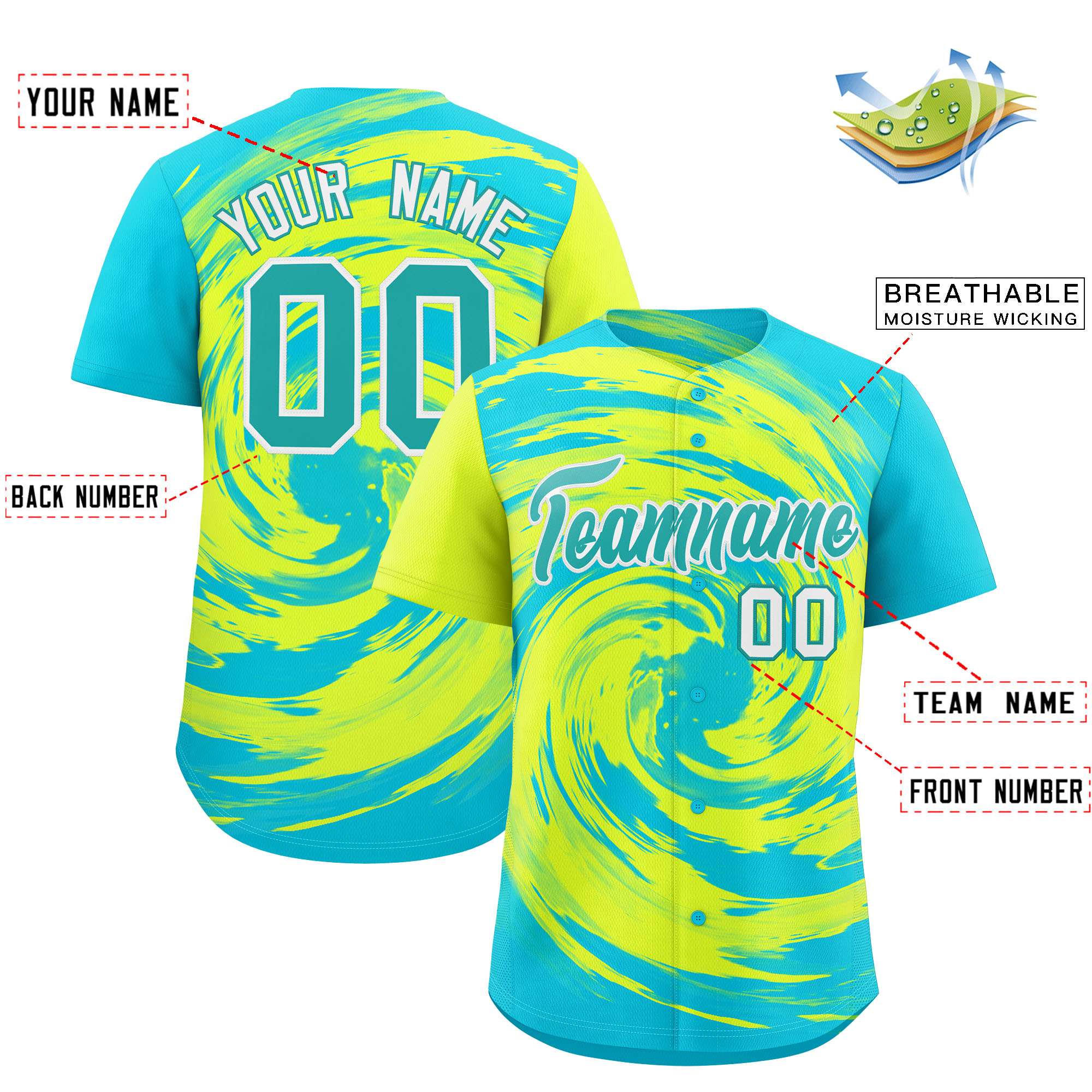 Custom Green Sky Blue Swirl Graffiti Pattern Authentic Baseball Jersey