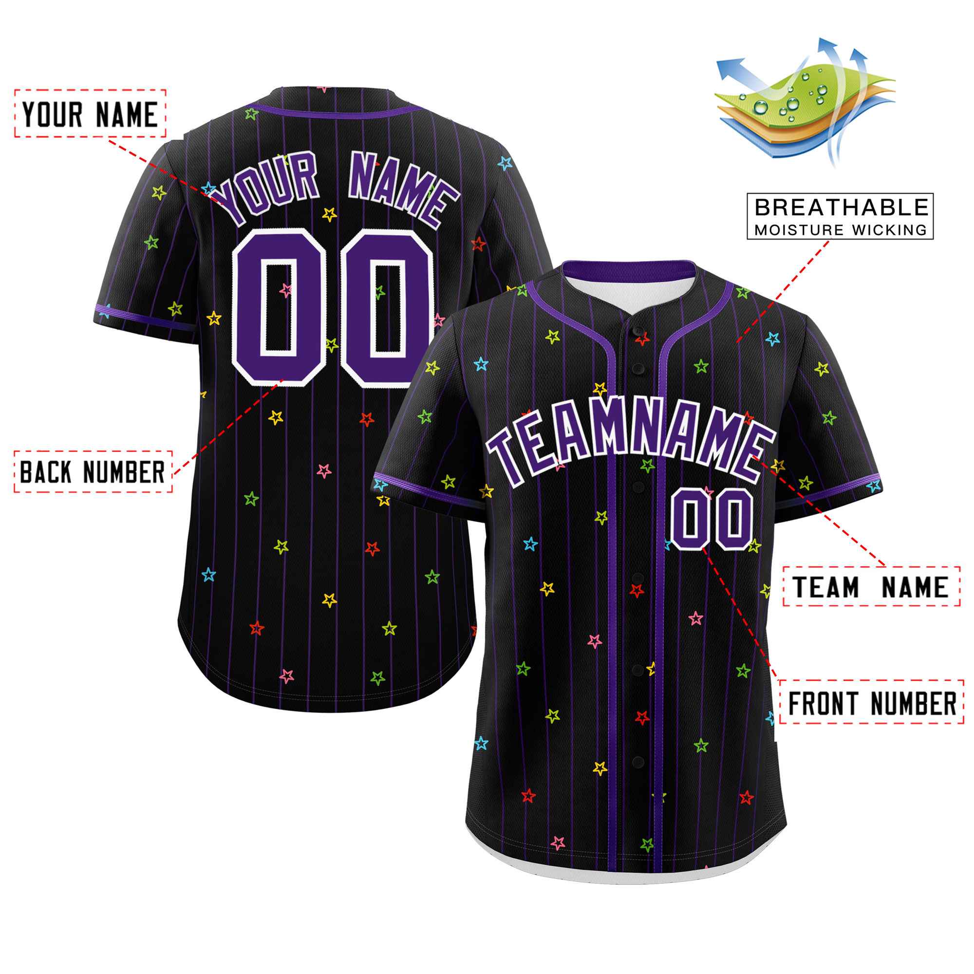 Custom Black Purple Stripe Fashion Personalized Star Pattern Authentic Baseball Jersey