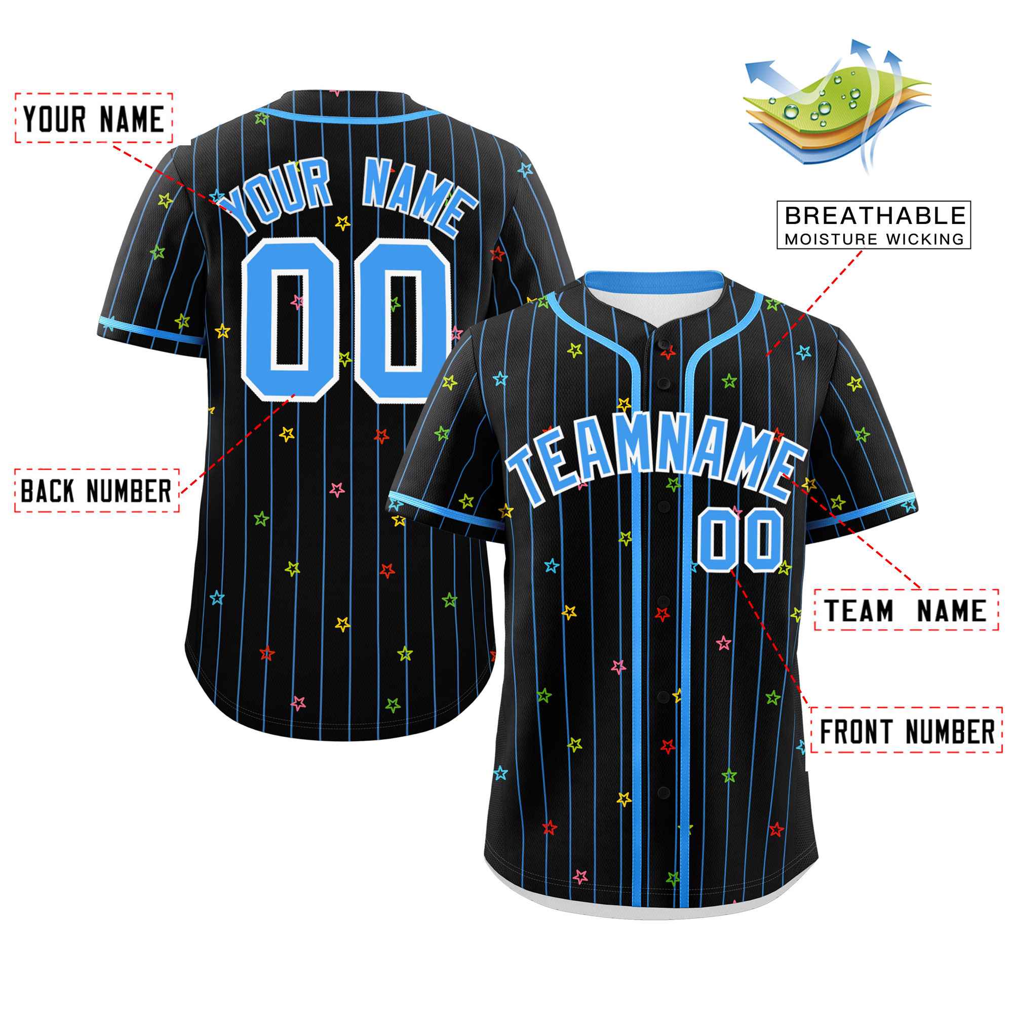 Custom Black Powder Blue Stripe Fashion Personalized Star Pattern Authentic Baseball Jersey