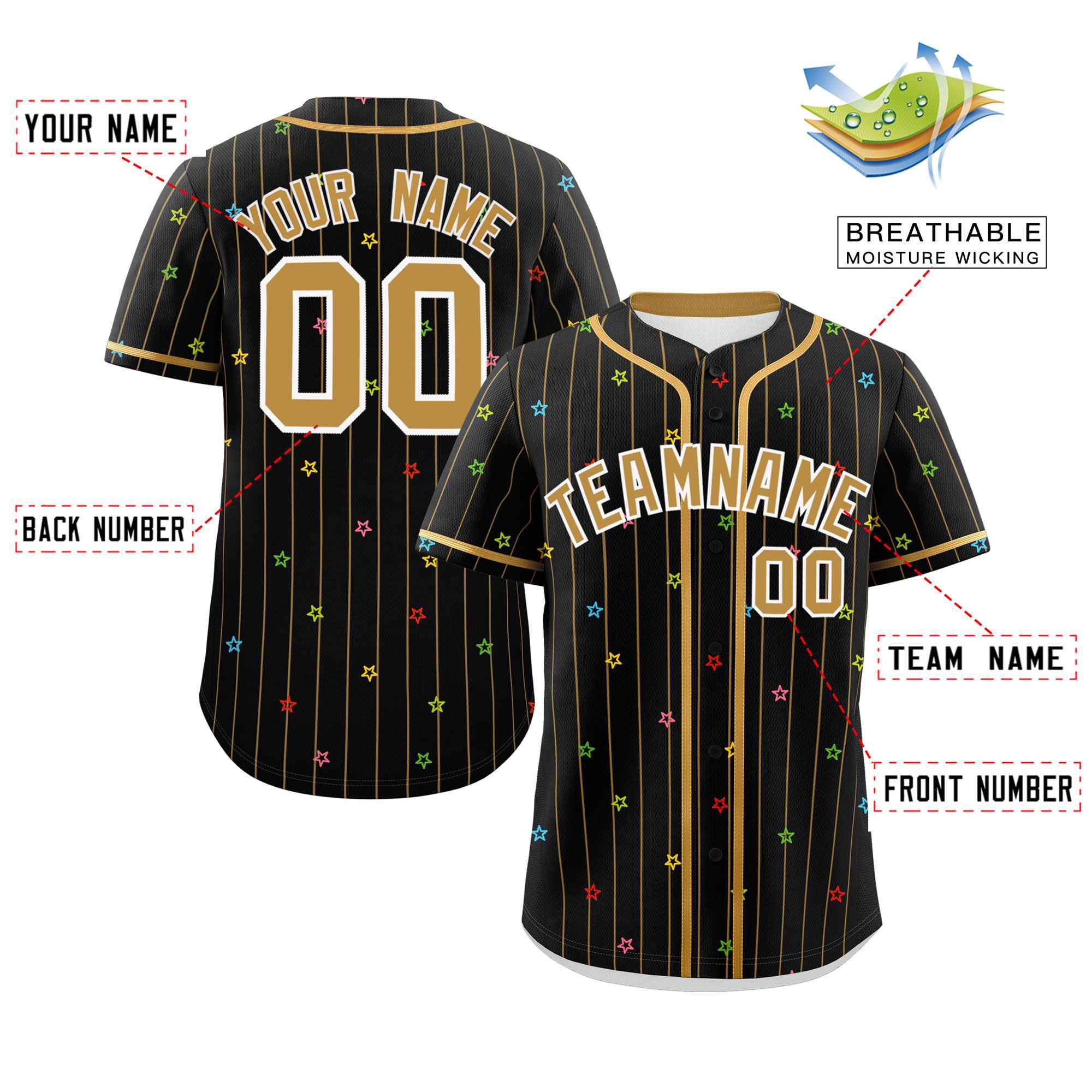 Custom Black Old Gold Stripe Fashion Personalized Star Pattern Authentic Baseball Jersey