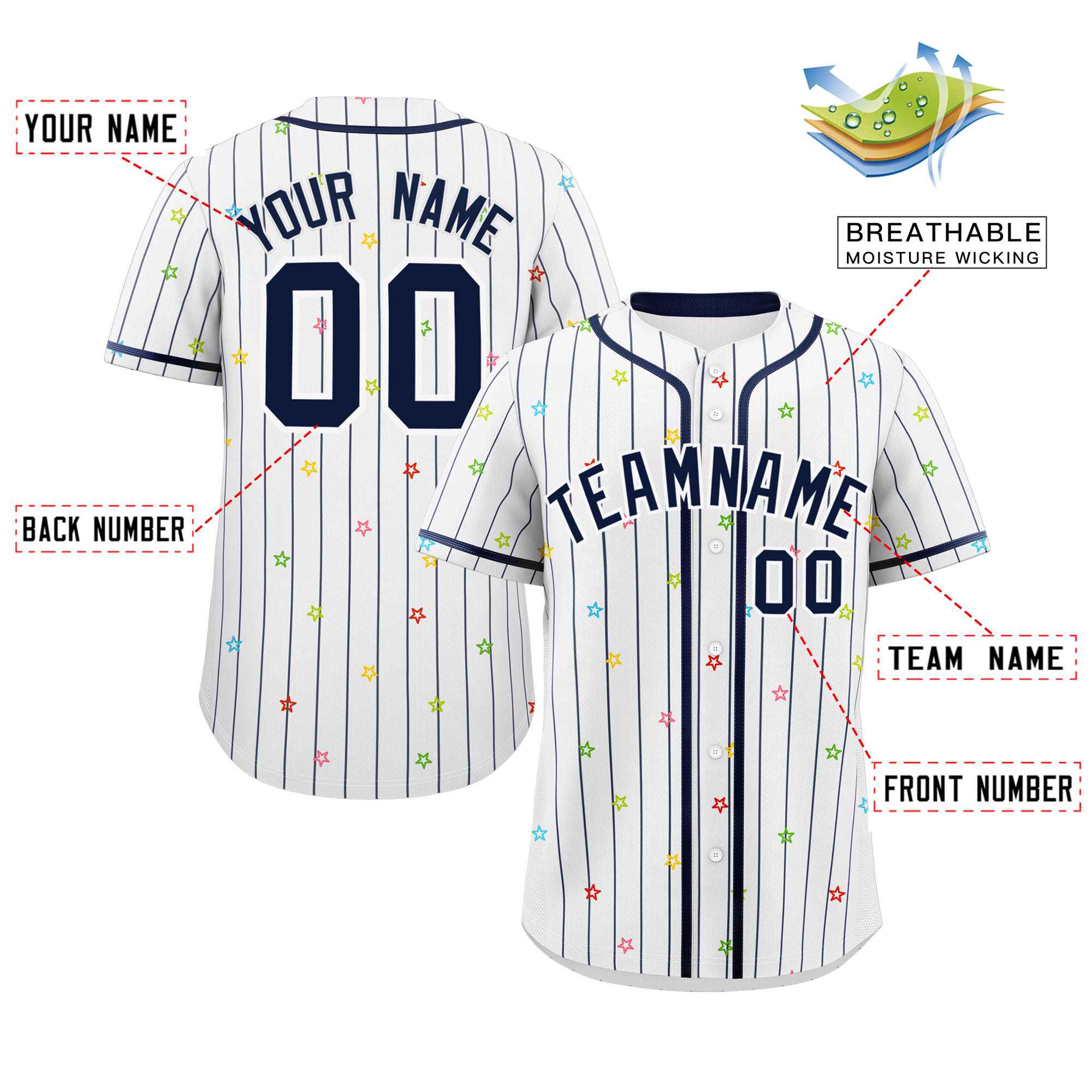 Custom White Navy Stripe Fashion Personalized Star Pattern Authentic Baseball Jersey