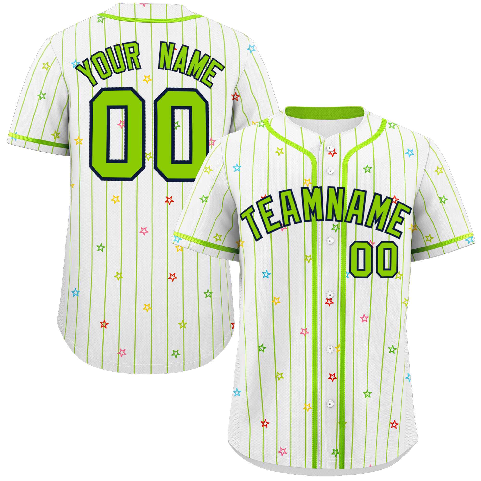 Custom White Neon Green Stripe Fashion Personalized Star Pattern Authentic Baseball Jersey