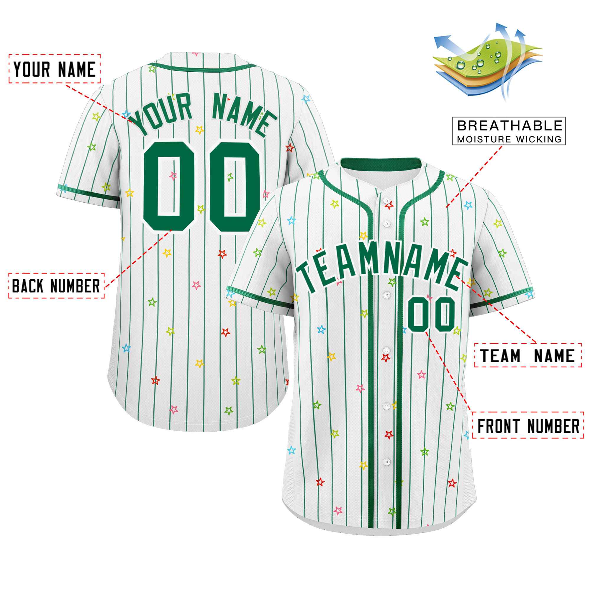 Custom White Kelly Green Stripe Fashion Personalized Star Pattern Authentic Baseball Jersey