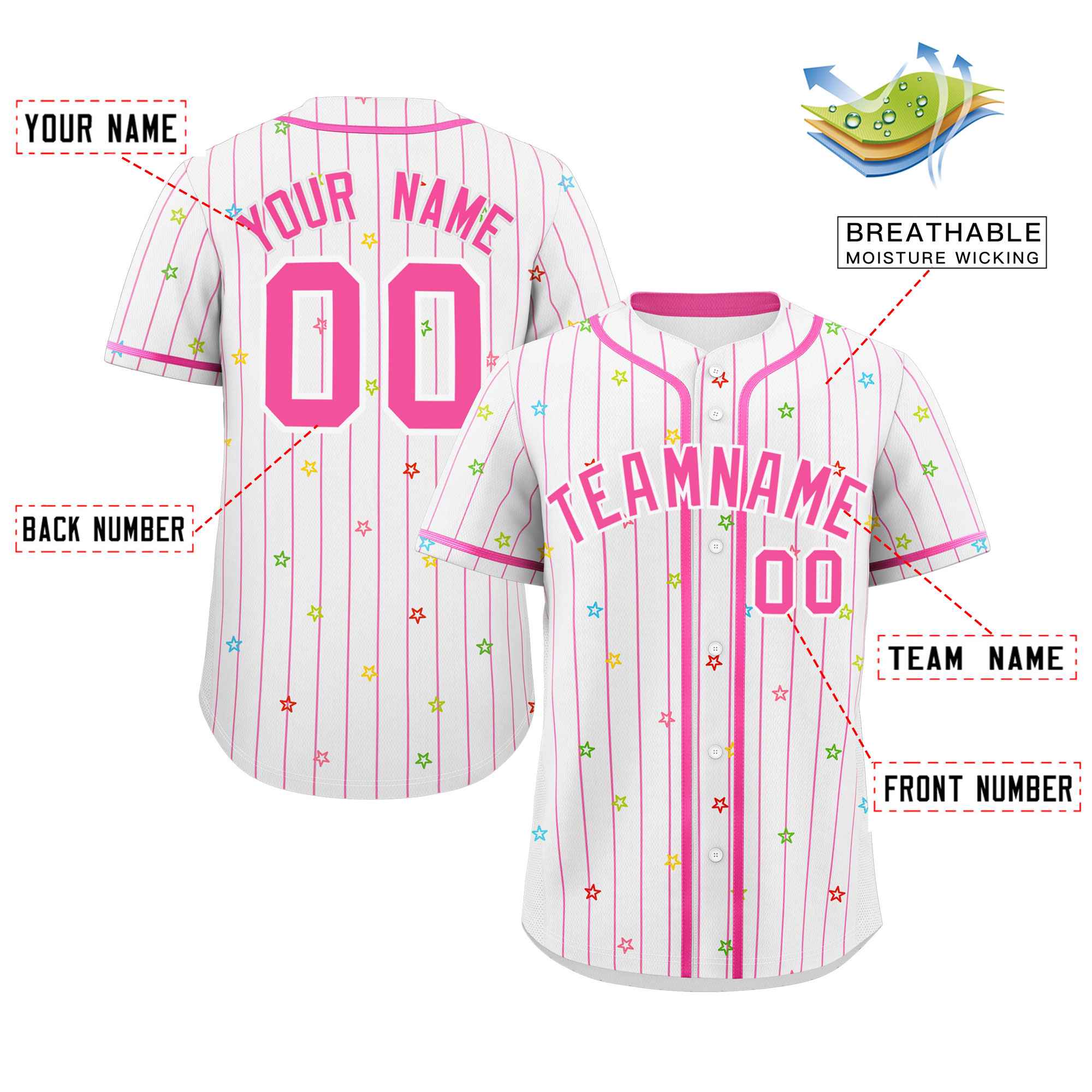 Custom White Pink Stripe Fashion Personalized Star Pattern Authentic Baseball Jersey