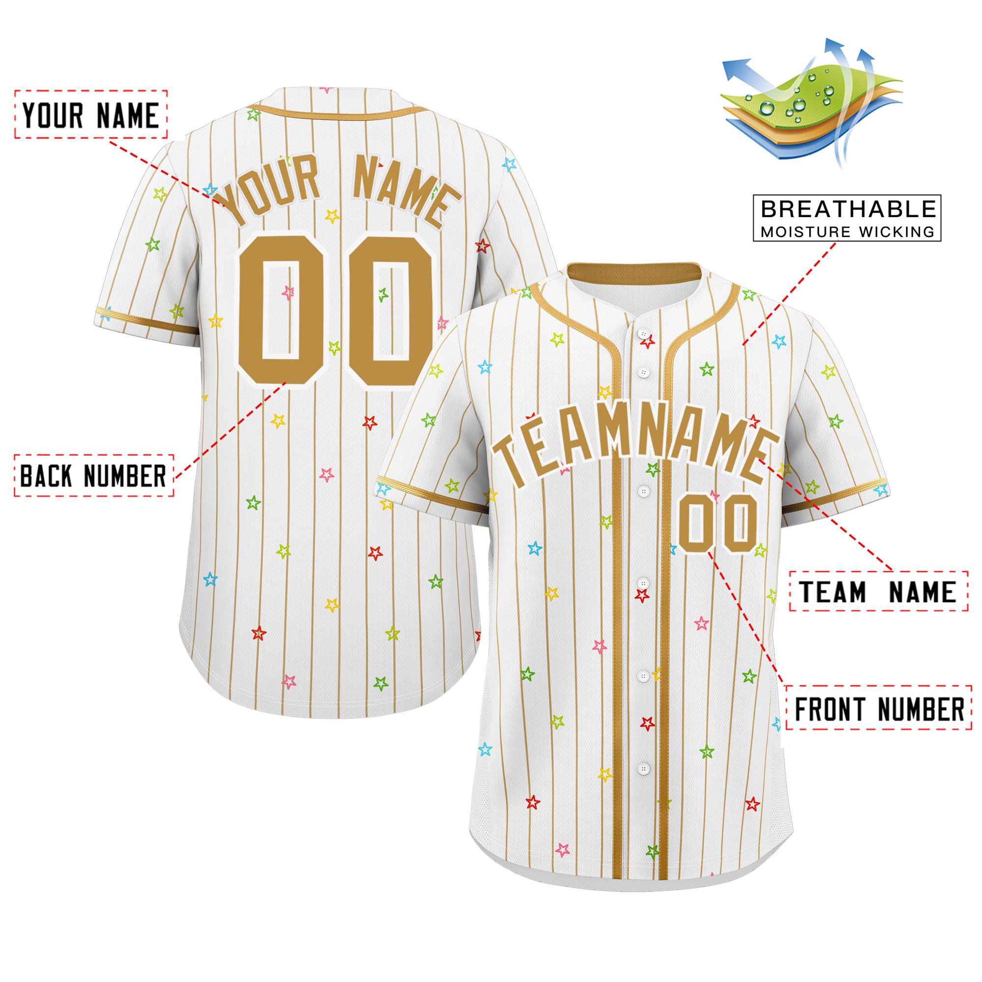 Custom White Old Gold Stripe Fashion Personalized Star Pattern Authentic Baseball Jersey