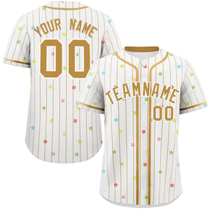 Custom White Old Gold Stripe Fashion Personalized Star Pattern Authentic Baseball Jersey