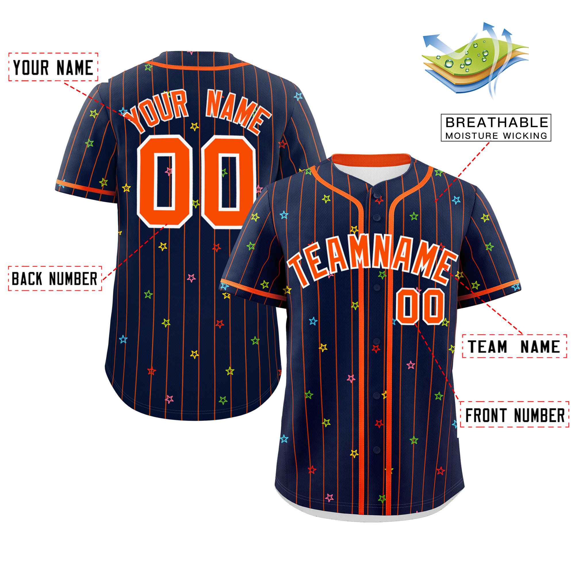 Custom Navy Orange Stripe Fashion Personalized Star Pattern Authentic Baseball Jersey