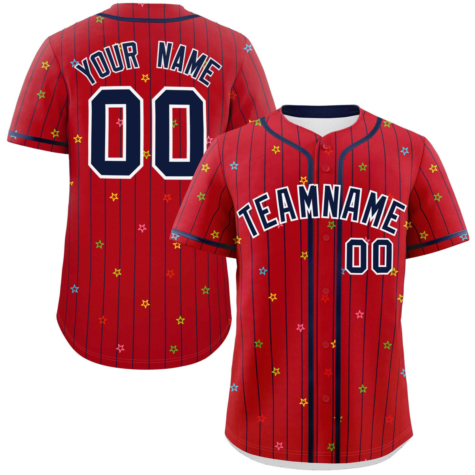 Custom Red Navy Stripe Fashion Personalized Star Pattern Authentic Baseball Jersey