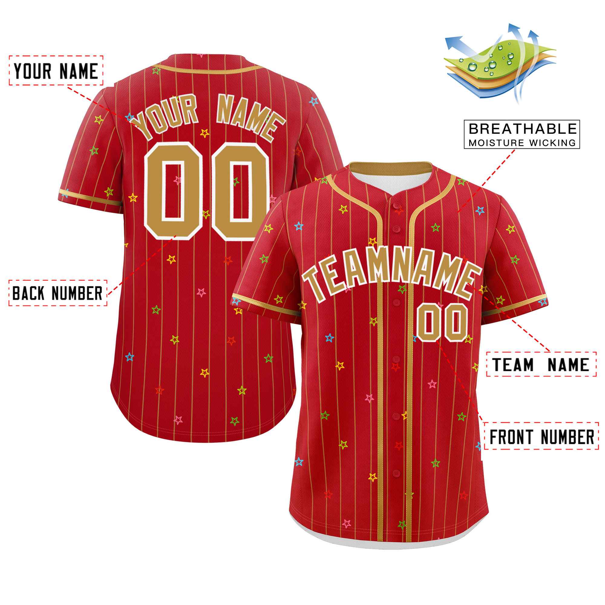 Custom Red Old Gold Stripe Fashion Personalized Star Pattern Authentic Baseball Jersey