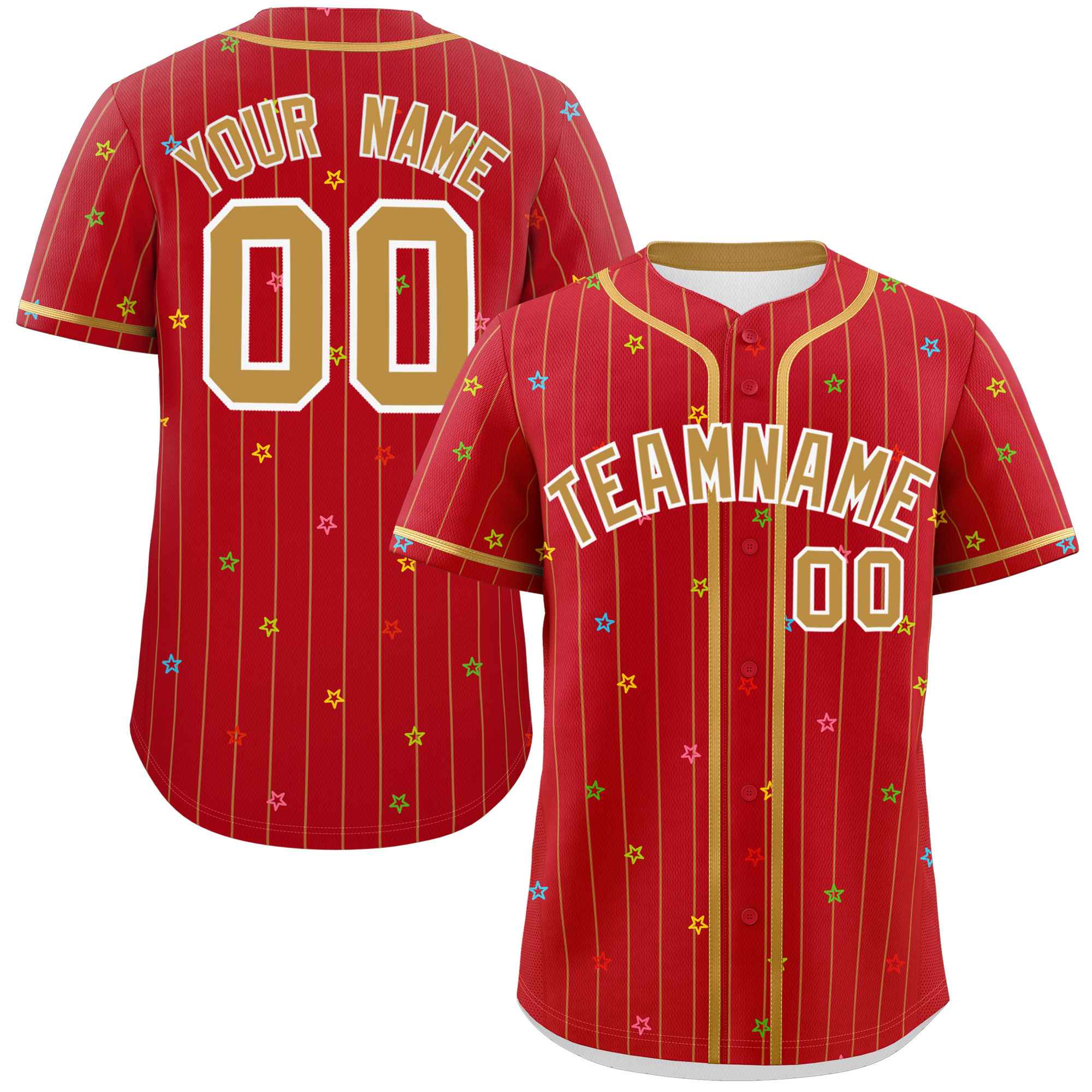 Custom Red Old Gold Stripe Fashion Personalized Star Pattern Authentic Baseball Jersey