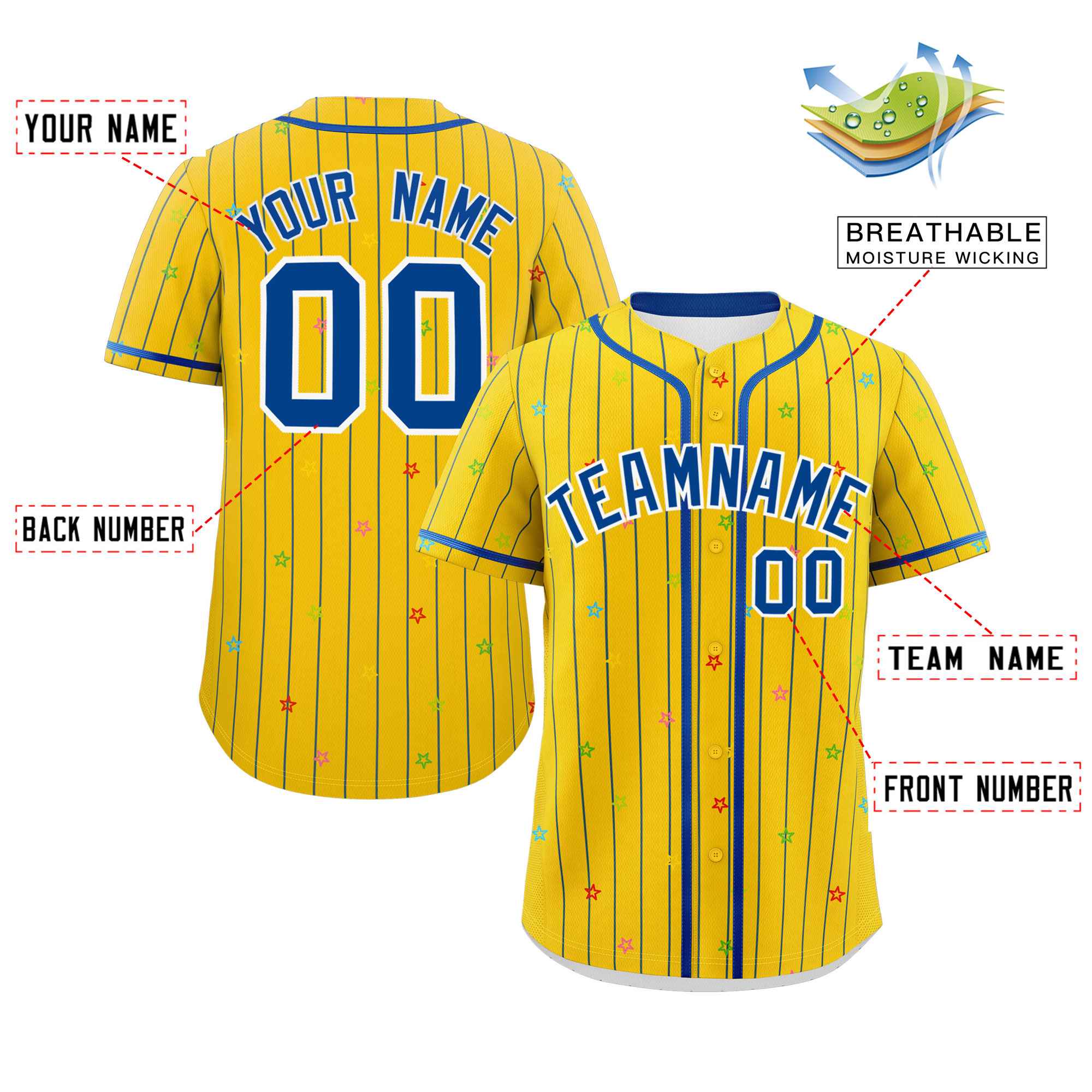 Custom Gold Royal Stripe Fashion Personalized Star Pattern Authentic Baseball Jersey