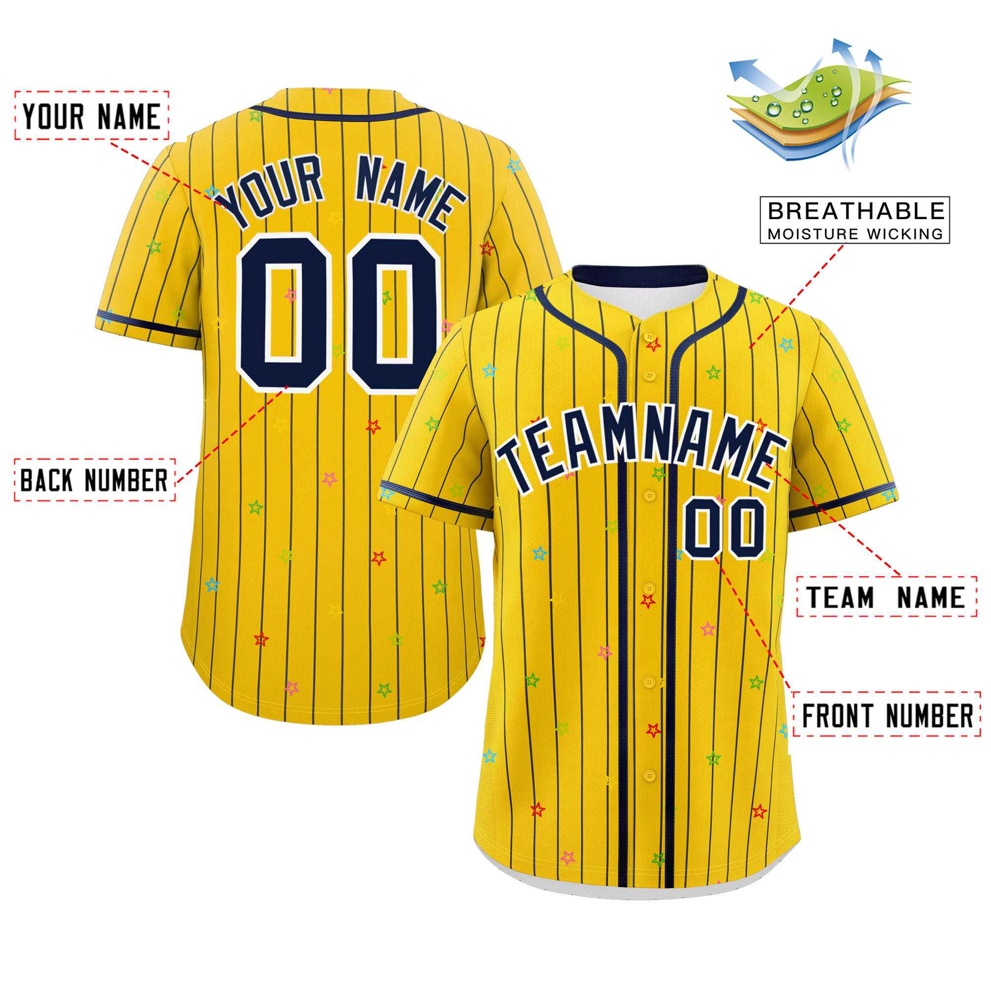 Custom Gold Navy Stripe Fashion Personalized Star Pattern Authentic Baseball Jersey