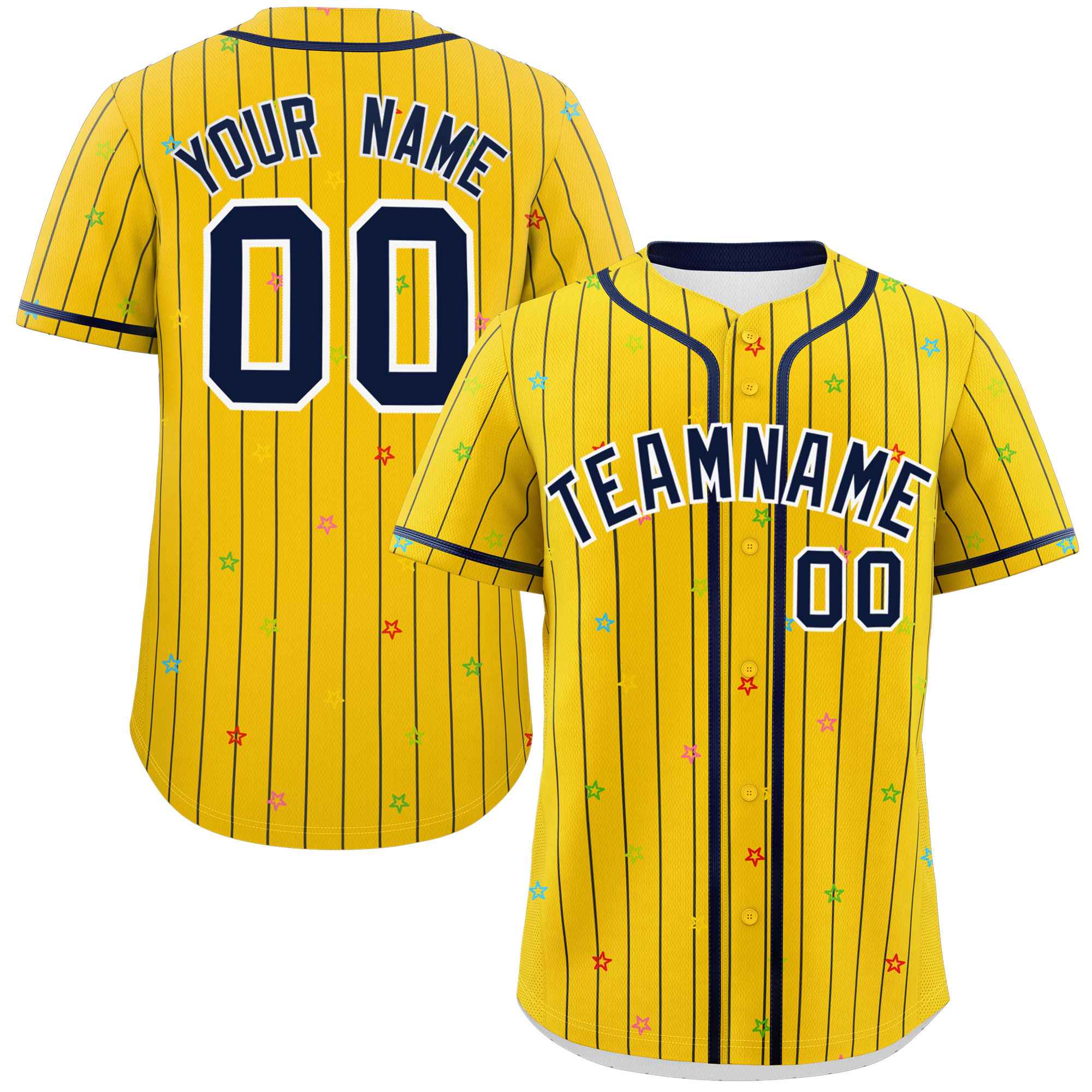 Custom Gold Navy Stripe Fashion Personalized Star Pattern Authentic Baseball Jersey