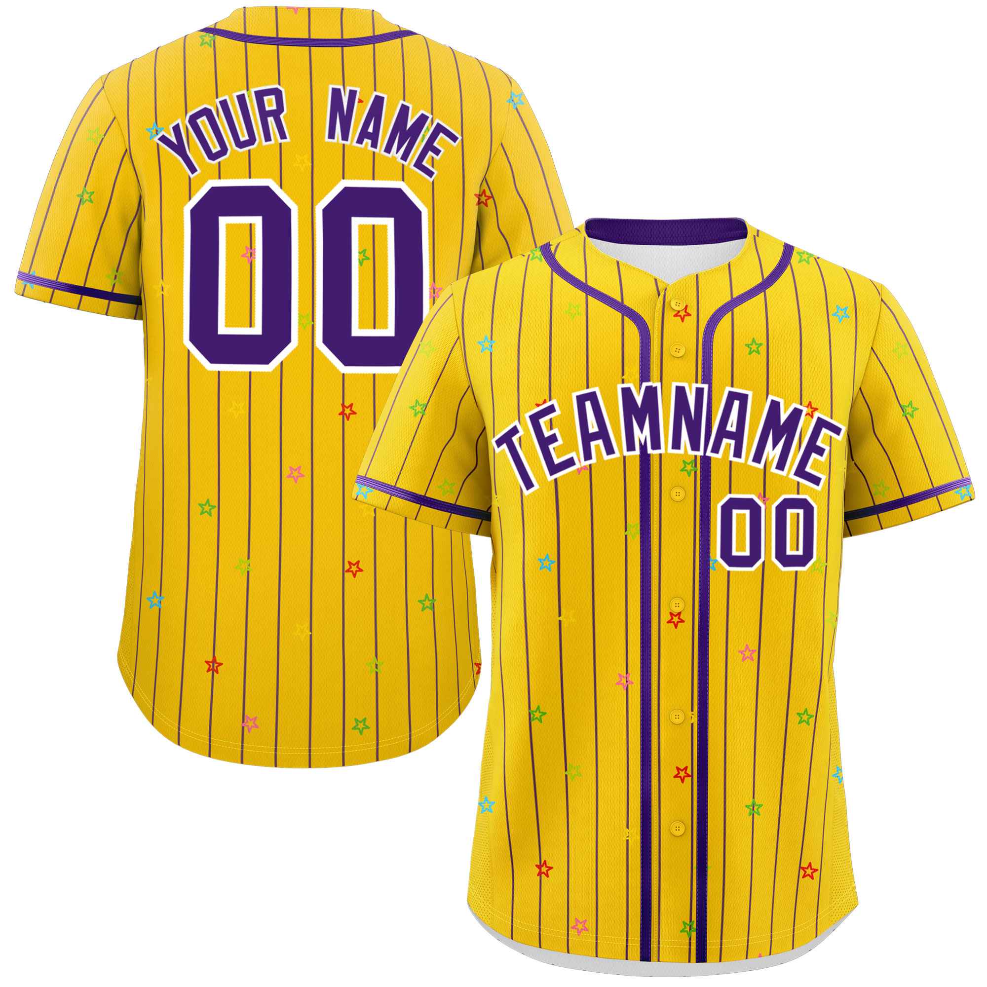 Custom Gold Purple Stripe Fashion Personalized Star Pattern Authentic Baseball Jersey