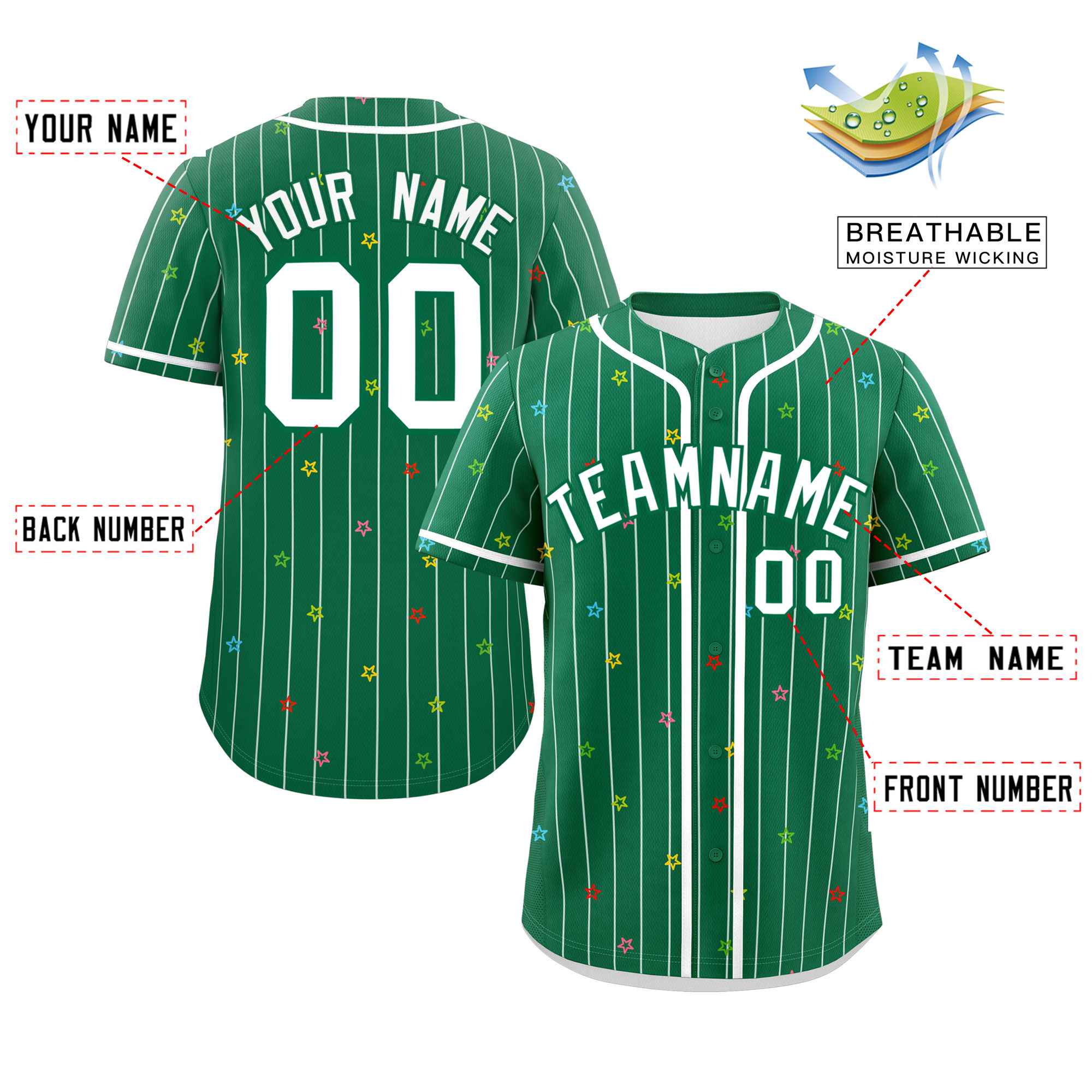 Custom Kelly Green White Stripe Fashion Personalized Star Pattern Authentic Baseball Jersey