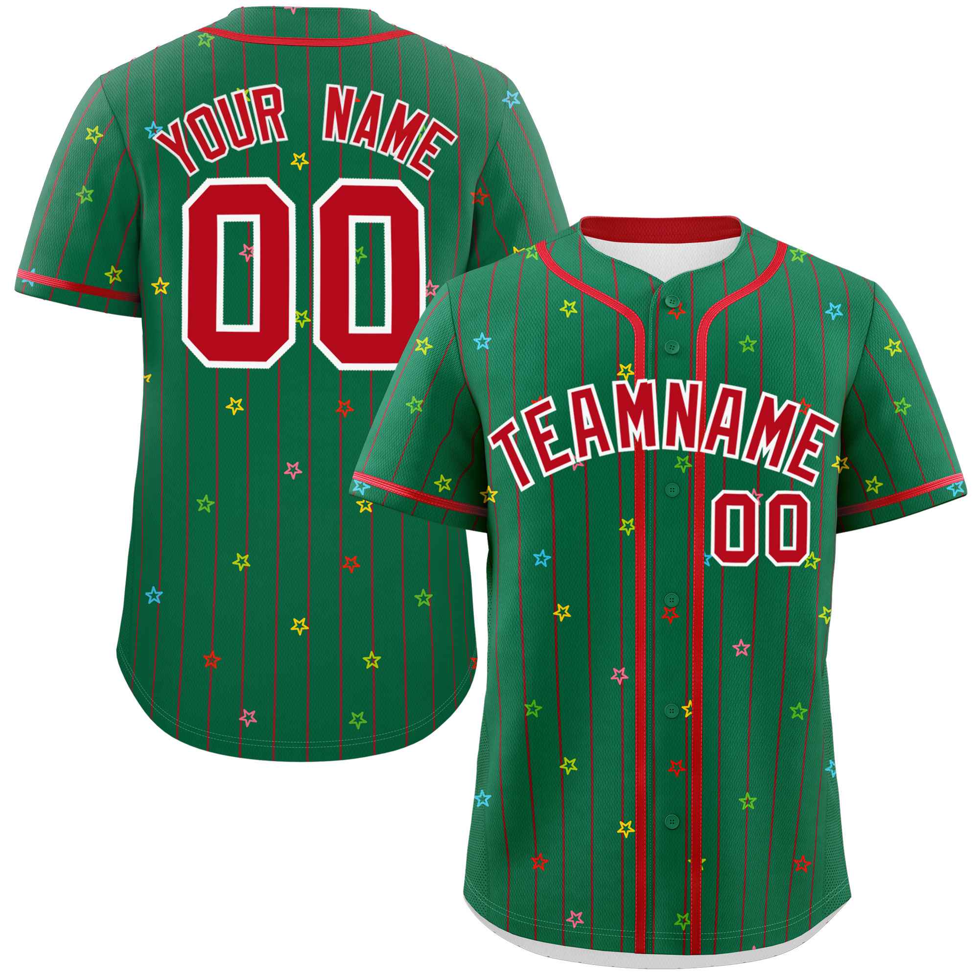 Custom Kelly Green Red Stripe Fashion Personalized Star Pattern Authentic Baseball Jersey