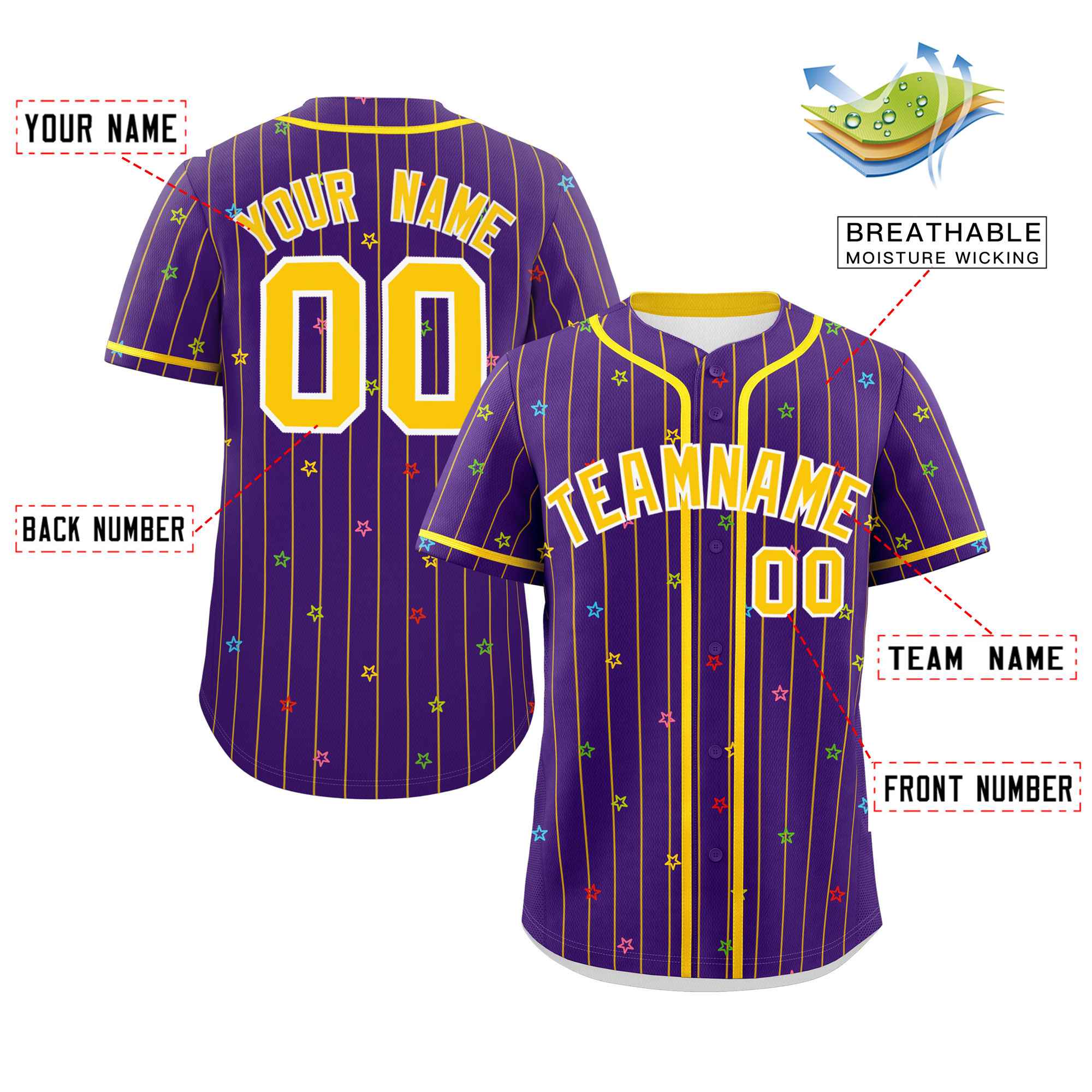 Custom Purple Gold Stripe Fashion Personalized Star Pattern Authentic Baseball Jersey