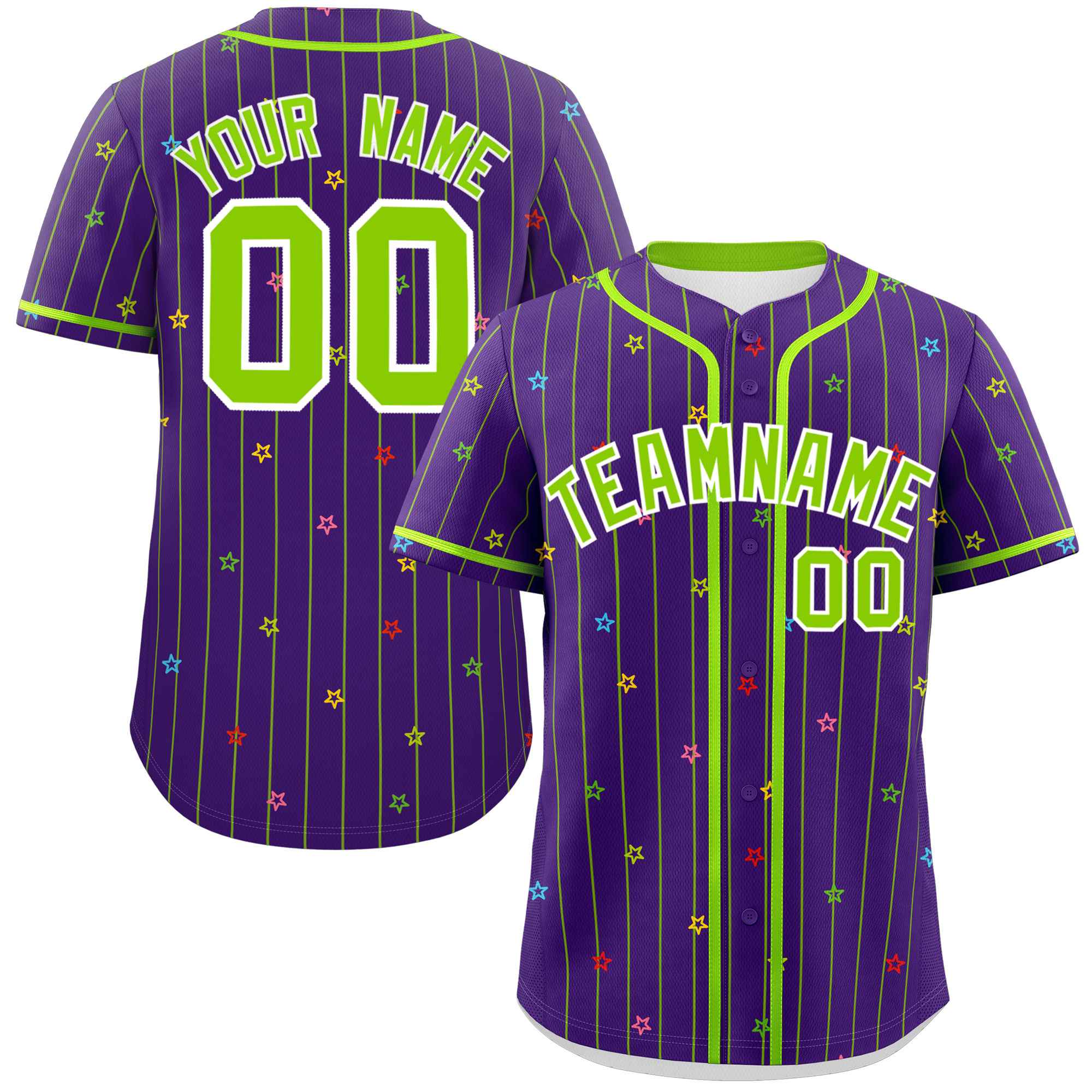 Custom Purple Neon Green Stripe Fashion Personalized Star Pattern Authentic Baseball Jersey